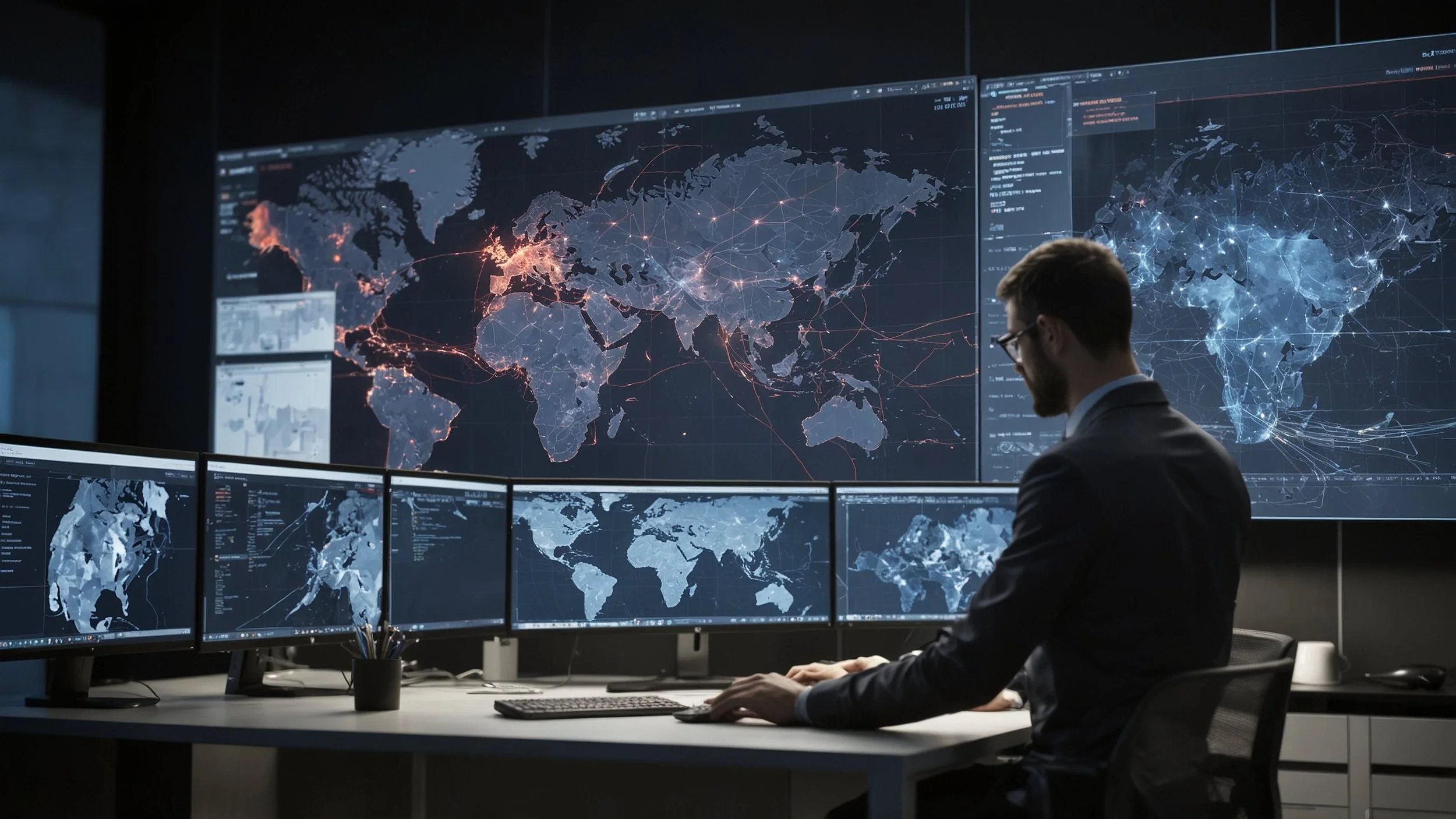 A modern office environment with computer screens displaying graphics and cybersecurity data.
