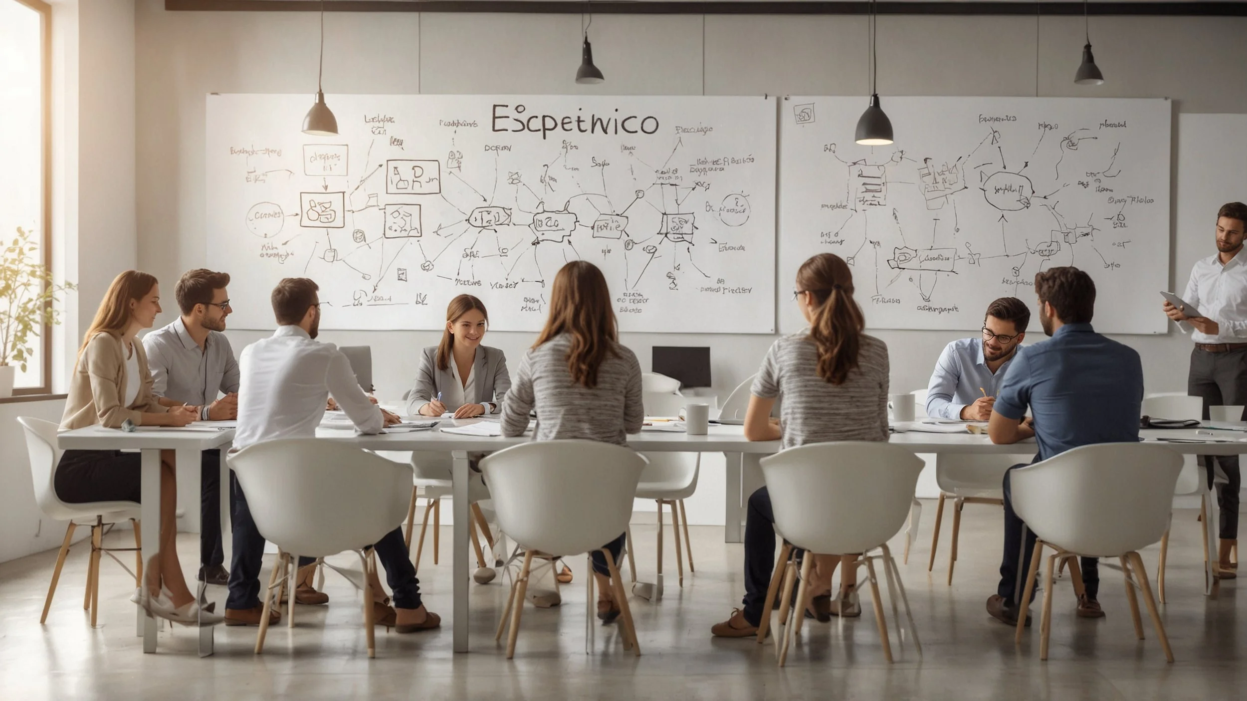 Un grupo de personas en una sala de reuniones mirando una pizarra blanca llena de dibujos de diagramas de flujo y notas adhesivas, reflejando una etapa de experimentación continua en la implementación de tecnología sin un impacto claro en los resulta