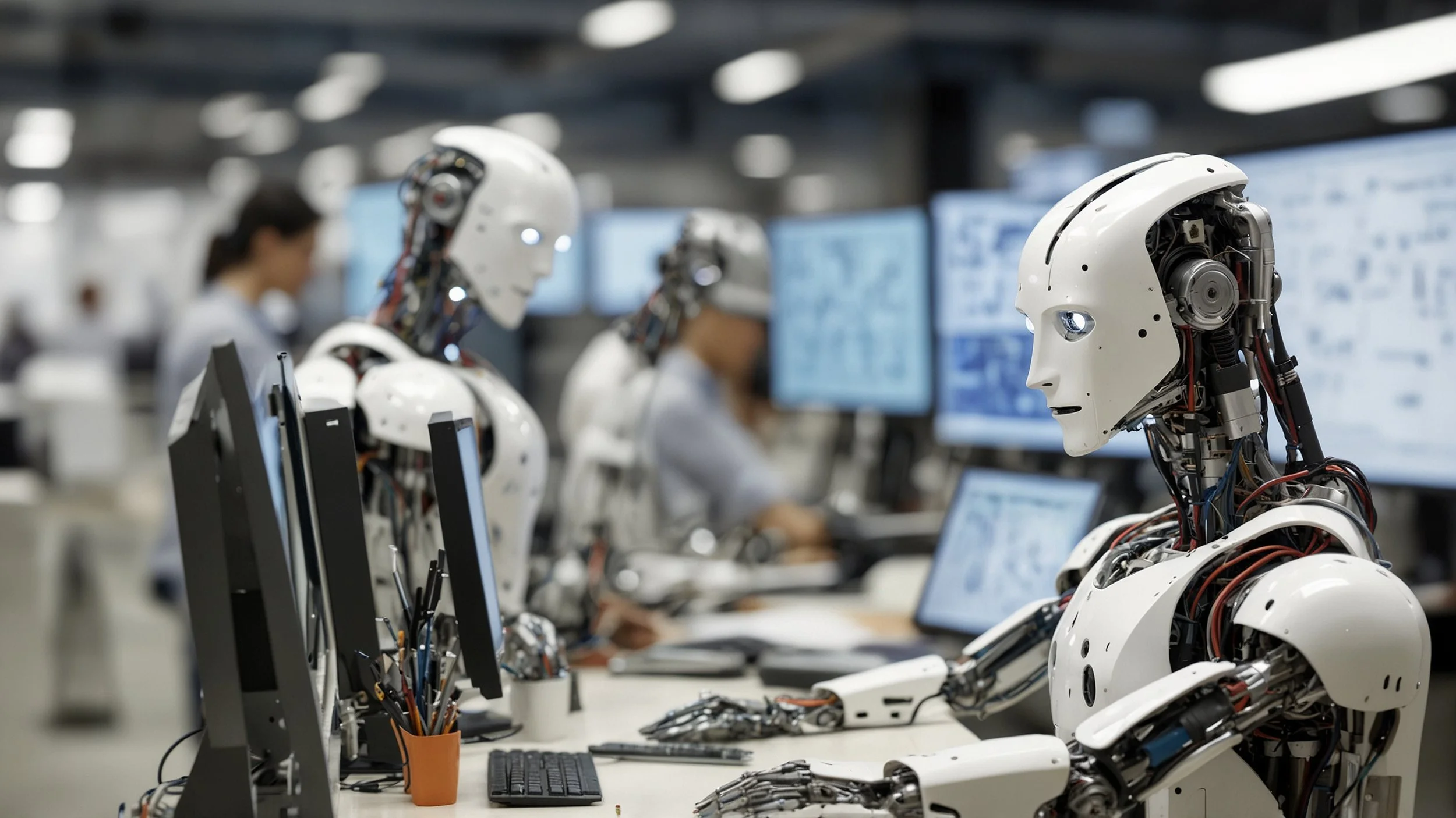 una oficina moderna con varios departamentos conectados entre sí mediante flujos de trabajo automatizados, mostrando pantallas con inteligencia artificial, robots realizando tareas repetitivas y gráficos de análisis de datos optimizando decisiones em