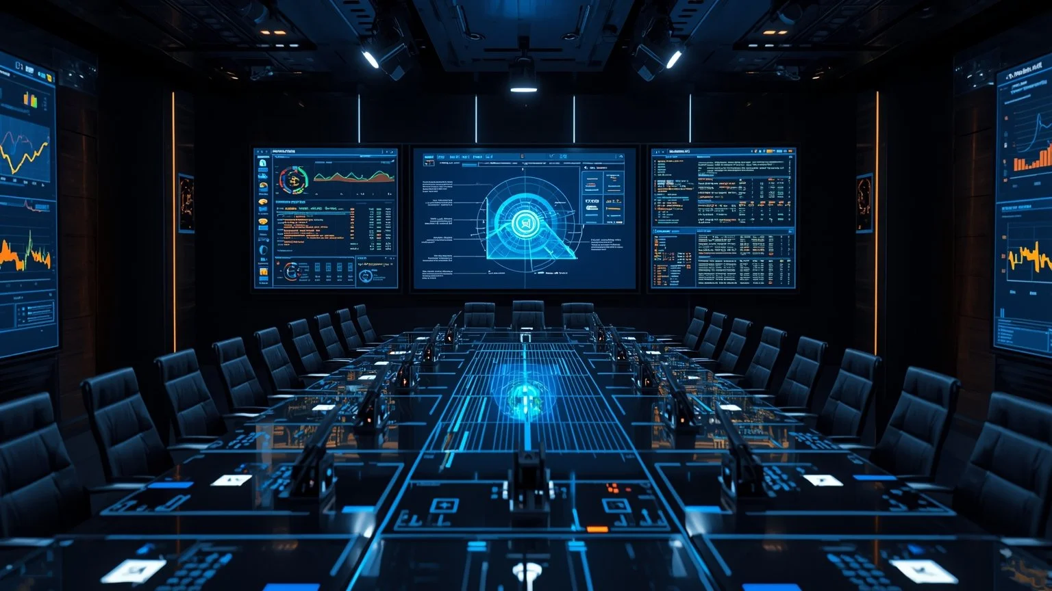 Equipo diverso en una sala de control moderna analizando un gran tablero digital con métricas de ROI, priorización de procesos de alto volumen y criticidad, señales de gobernanza de datos y una hoja de ruta de automatización alineada con la estrategi