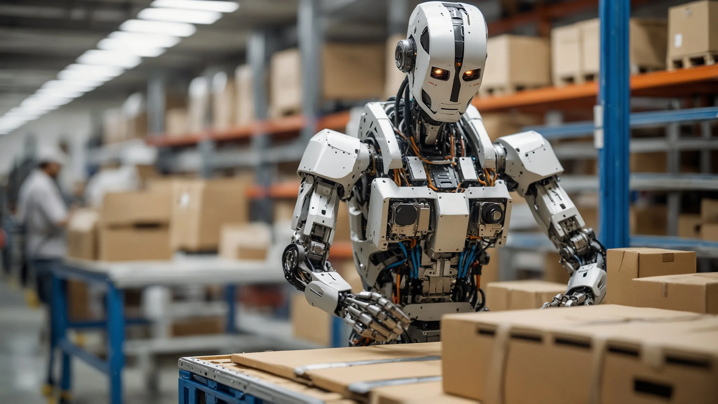 Un robot industrial trabajando junto a operarios en una línea de ensamblaje moderna con cajas y maquinaria automatizada en un almacén de logística.