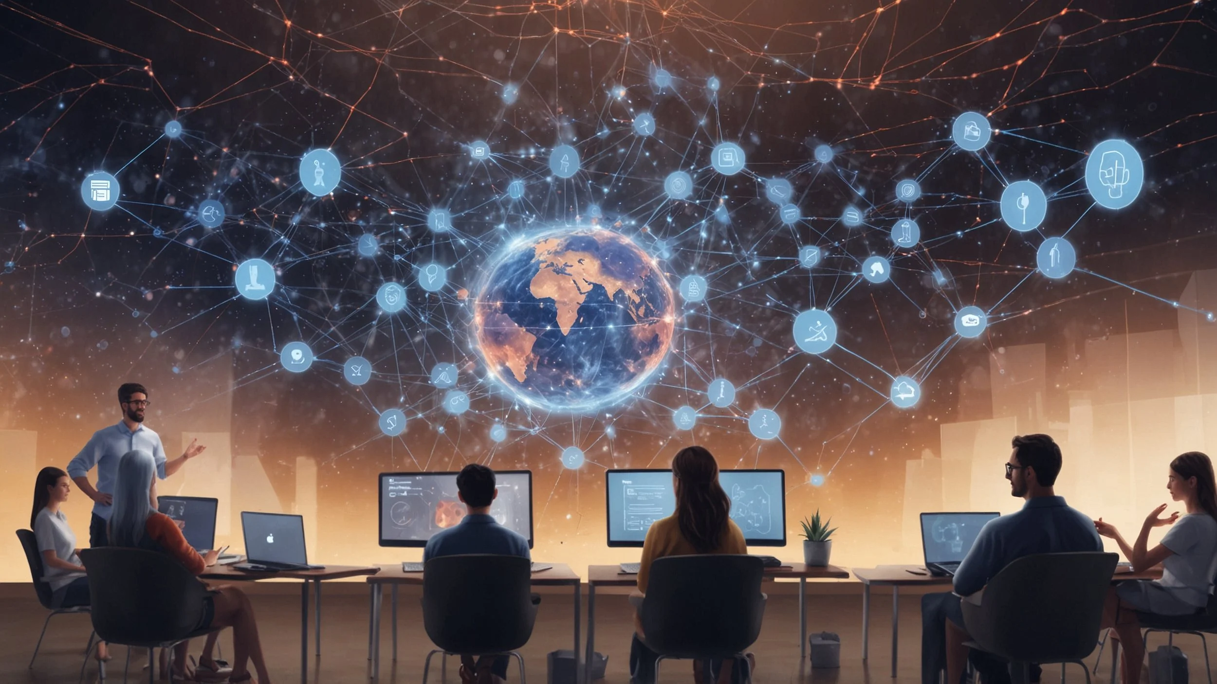Un grupo diverso de administradores de centros de datos en una sala de conferencias, observando una presentación en pantalla grande que muestra gráficos de datos sobre la implementación de la Inteligencia Artificial.