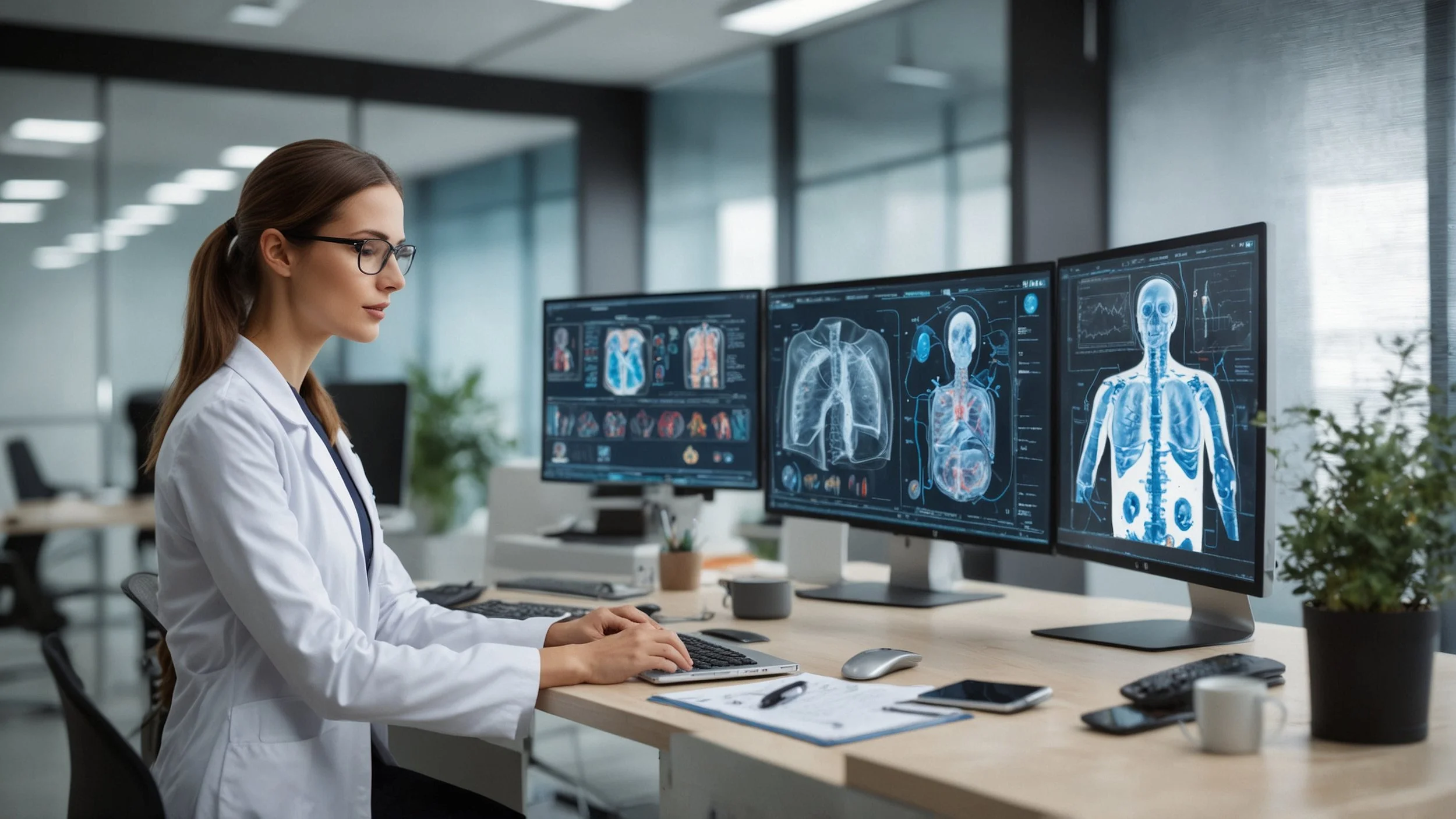 Oficina moderna de empresa financiera sanitaria con empleados trabajando mientras una gran pantalla muestra inteligencia artificial analizando documentos médicos y reclamaciones de seguros digitalizados en tiempo real.