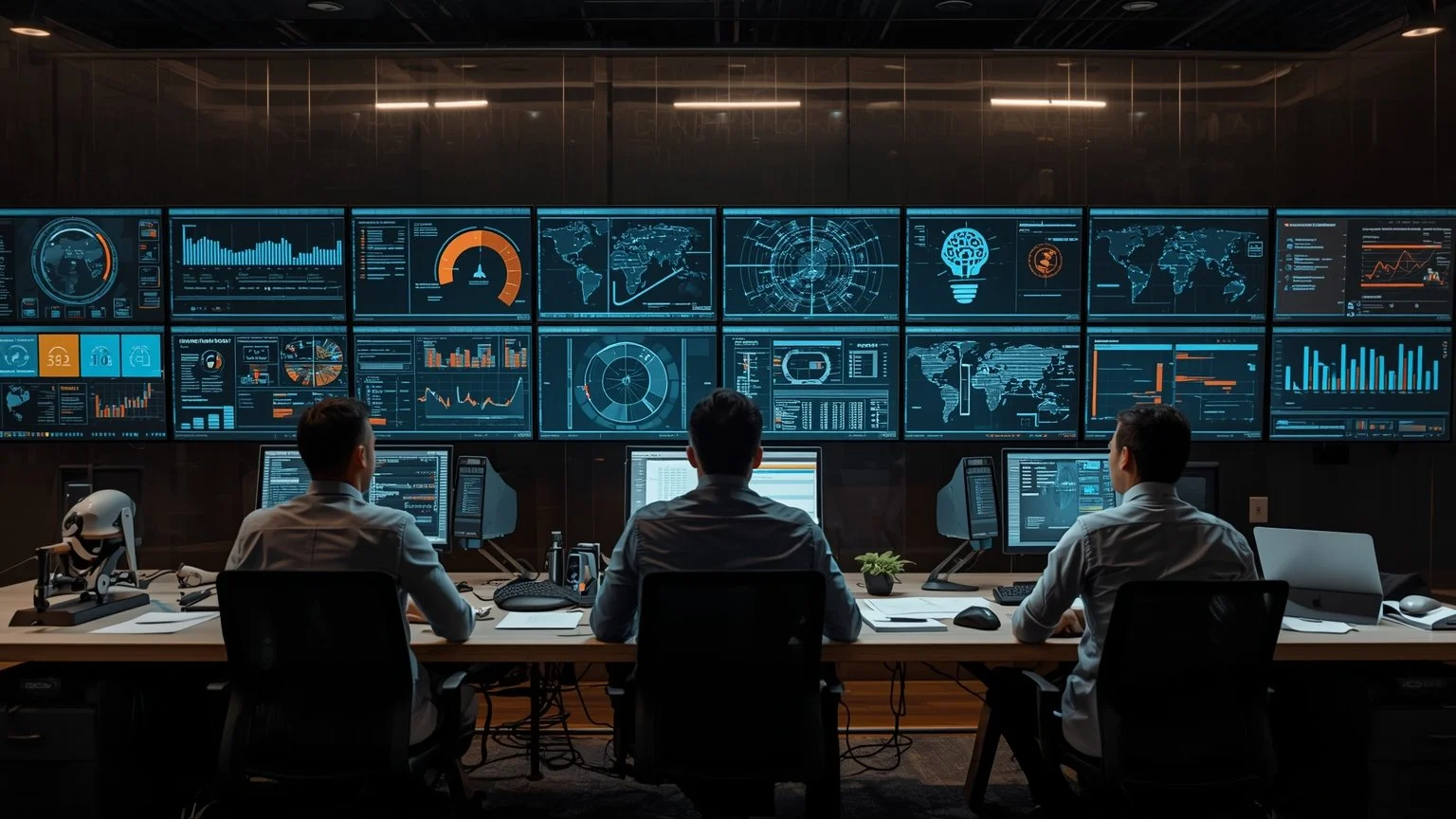 Un centro de excelencia moderno donde un equipo multidisciplinar de negocio, tecnologia y recursos humanos colabora frente a pantallas con paneles de control que muestran indicadores de AI y RPA, gestion de riesgos, pilotos iterativos y metricas de p