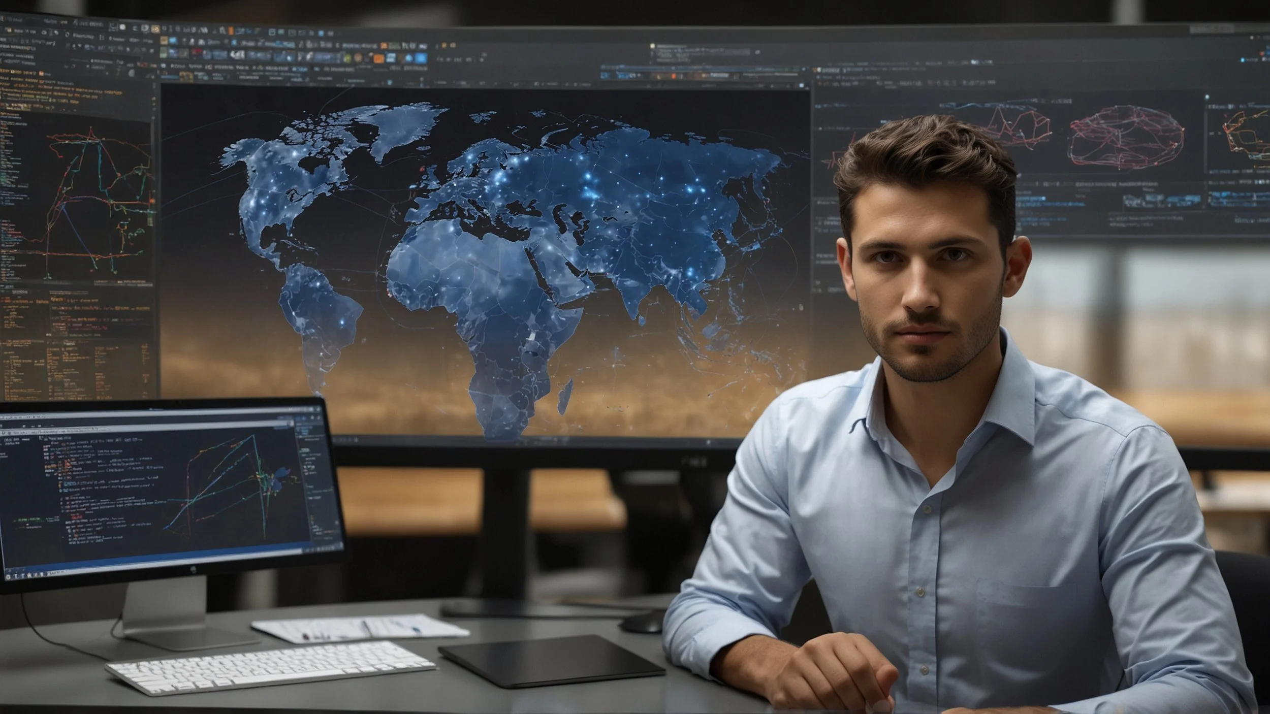Un entorno de oficina moderno con un usuario de negocios sentado frente a una computadora.