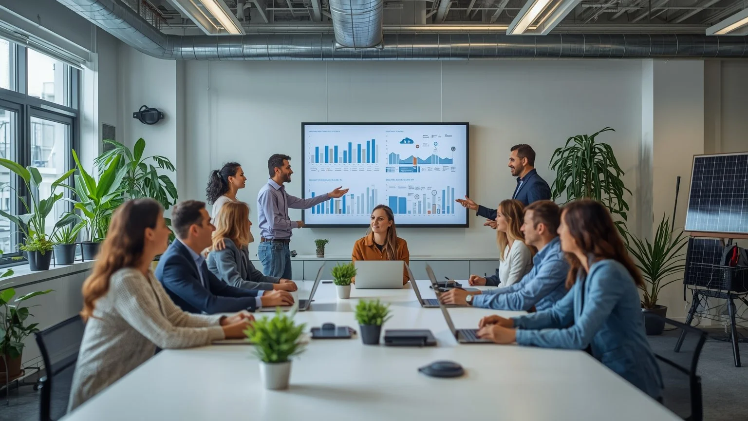 Equipo diverso de líderes y trabajadores en un espacio de trabajo moderno y sostenible intercambiando ideas frente a pantallas con gráficos de inversiones y planes flexibles mientras plantas y paneles solares visibles simbolizan colaboración y adapta