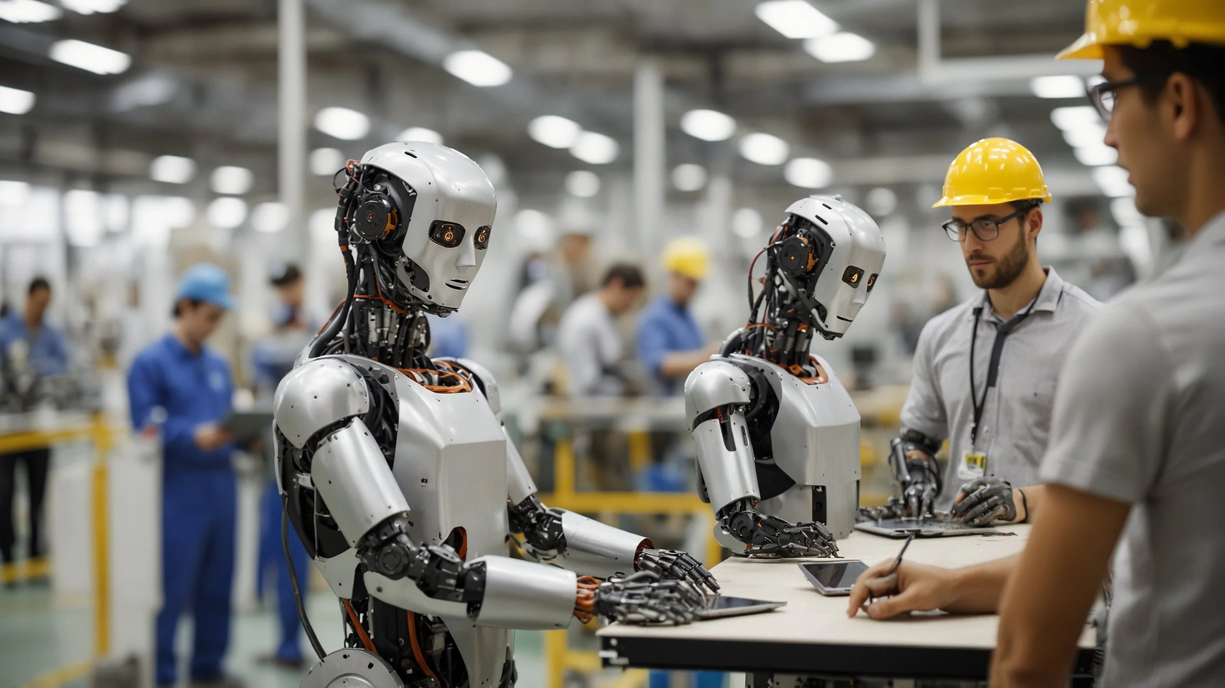 Un grupo de trabajadores en una fábrica moderna supervisando robots automatizados desde una sala de control brillante y equipada con pantallas digitales.