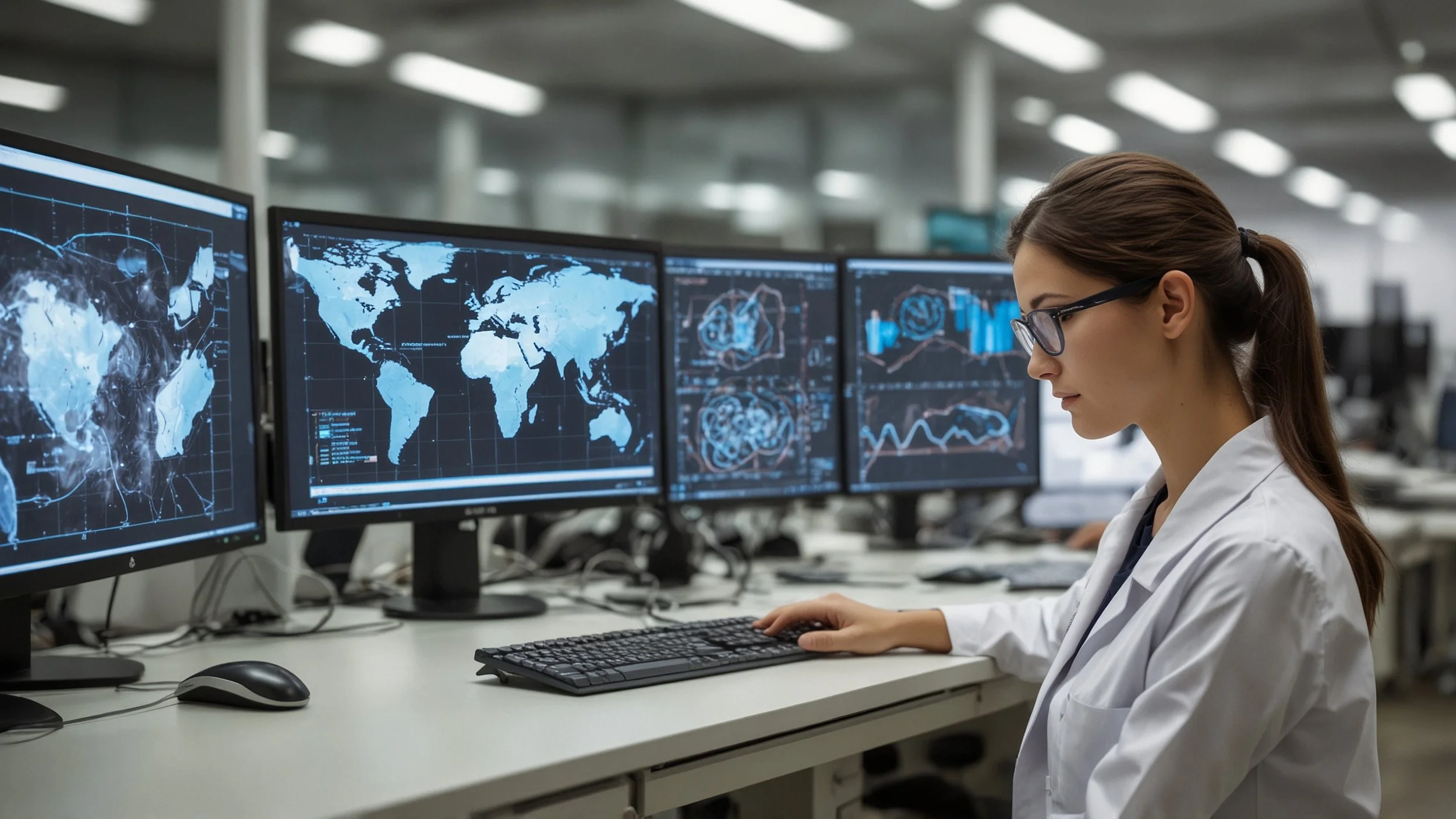 Un laboratorio moderno con computadoras y pantallas mostrando datos complejos, un investigador o ingeniero observando una pantalla donde se despliega un informe técnico detallado, gráficos relacionados con electrólisis de hidrógeno visibles en las pa