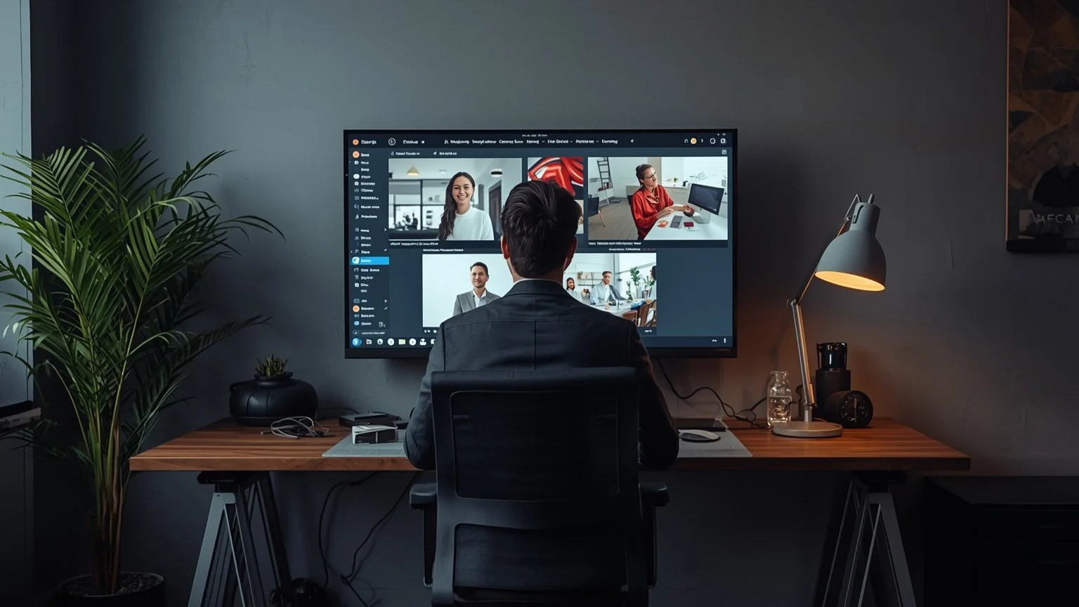 Modern office with a central screen that simultaneously displays mail, networks and website all with the same tone and style while a small team watches quietly and an automated interface maintains consistency conveying confidence.
