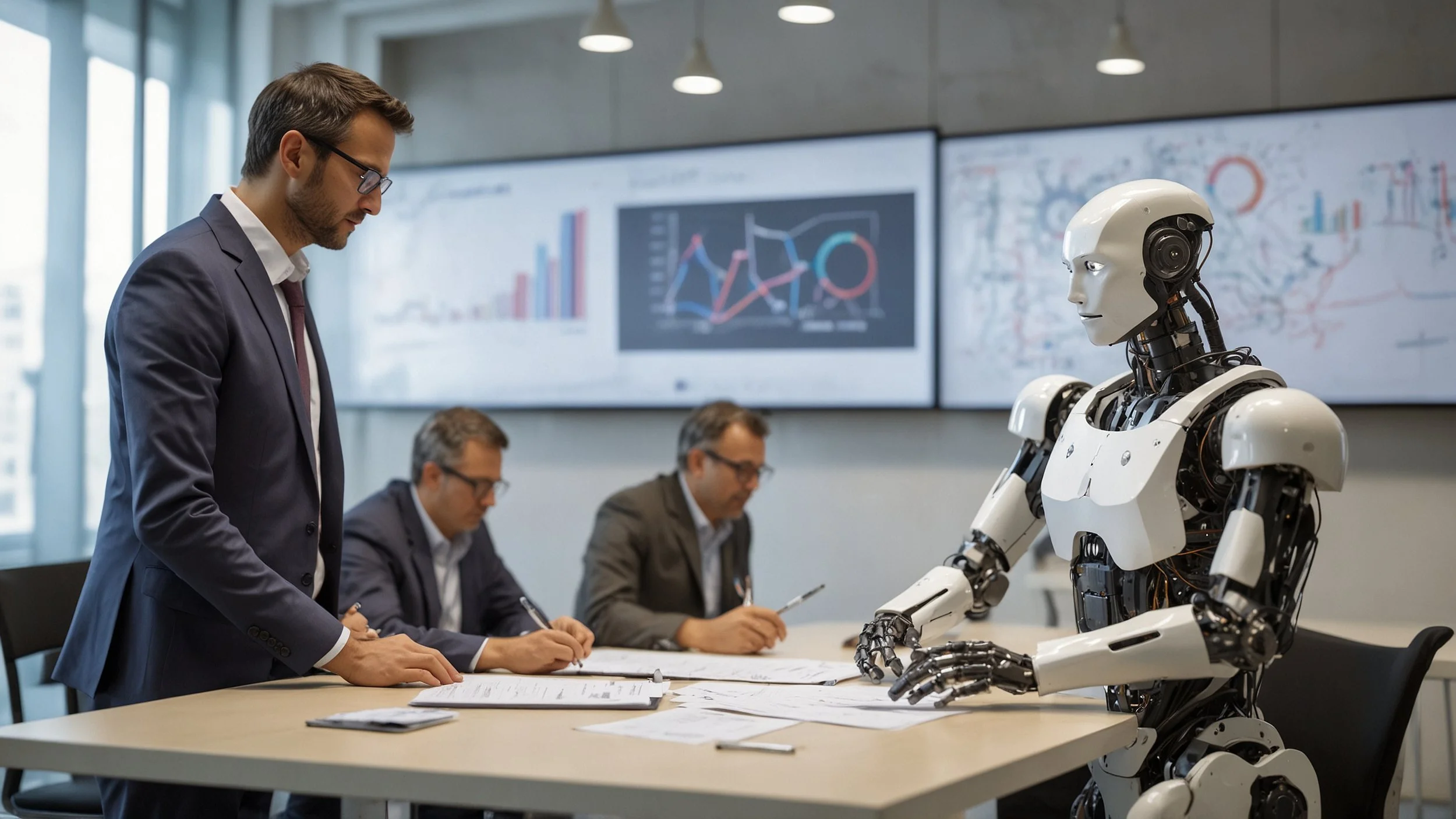 Un grupo de líderes de innovación en una sala de reuniones moderna discutiendo estrategias de inversión tecnológica, con gráficos y diagramas en pantallas digitales que muestran comparaciones entre proyectos sólidos y proyectos inflados por moda, mie