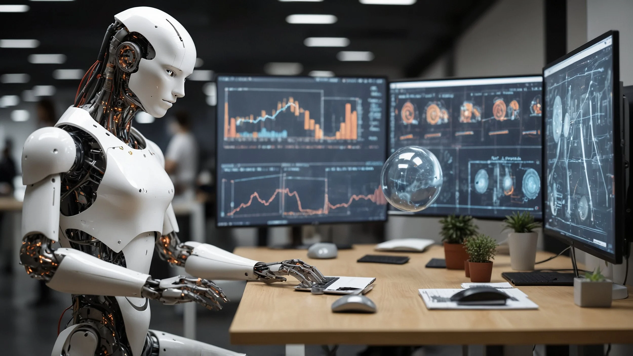 Una oficina moderna con robots automatizados trabajando en computadoras mientras una pantalla muestra gráficos y patrones de datos analizados por inteligencia artificial, con empleados satisfechos interactuando con la tecnología de manera fluida y ef