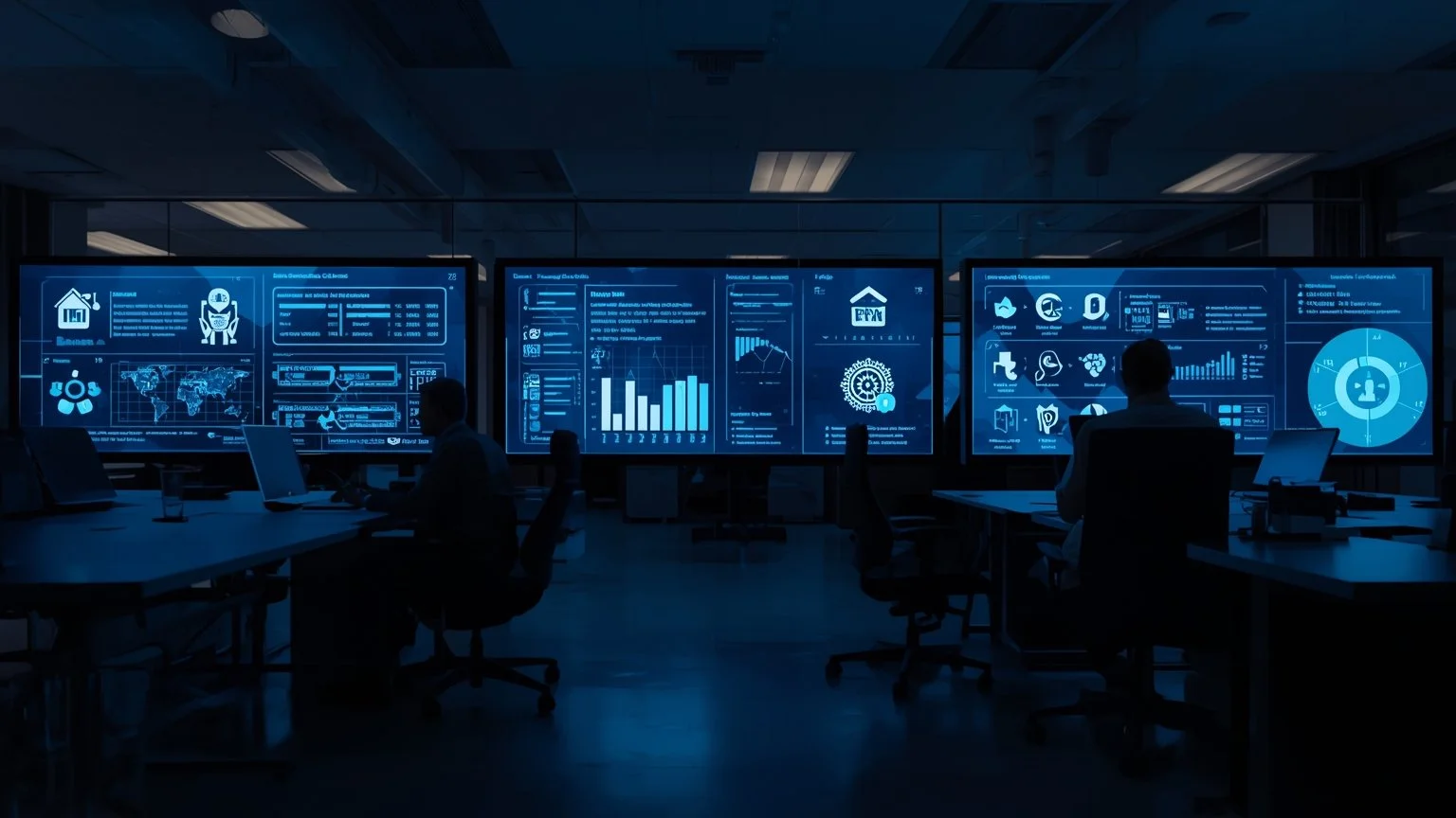 Oficina luminosa con pantallas que muestran un bot de RPA extrayendo datos de facturas hacia un ERP mientras un panel de IA resalta anomalías y riesgo de fraude y un analista humano revisa excepciones junto a iconos de banca y seguros.