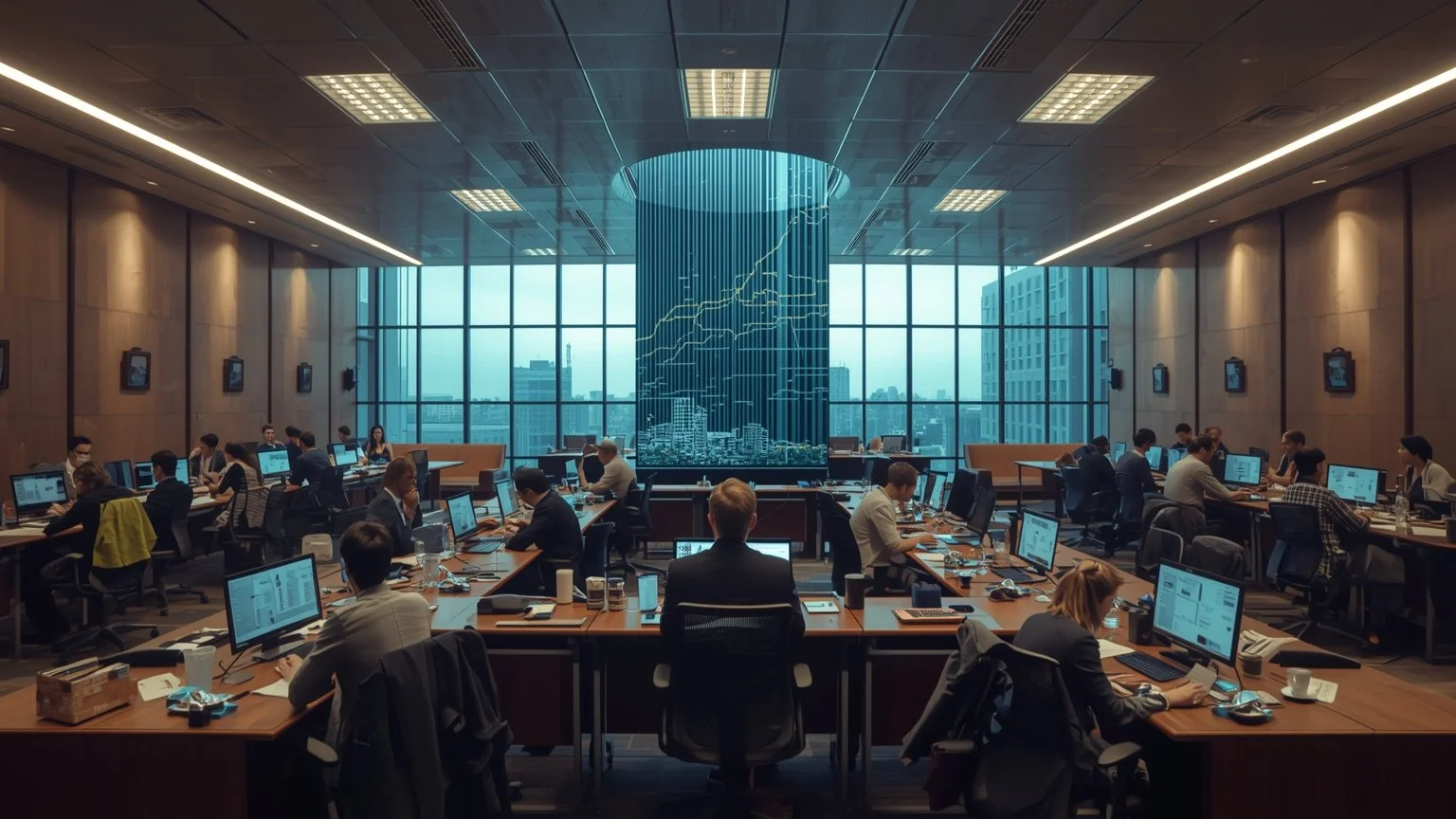 An overview of a financial institution expanding automation to dozens of branches: executives celebrating at headquarters while offices are plagued by error screens, overloaded servers, frustrated employees, and a grie