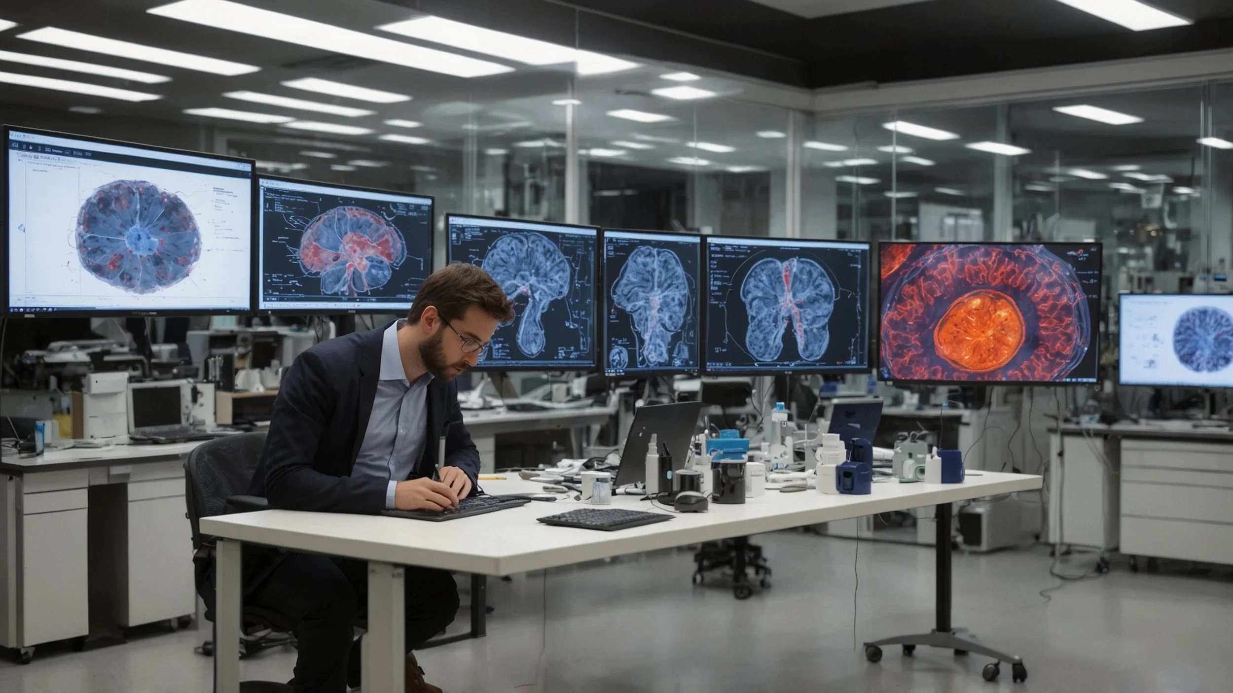 Un laboratorio moderno en Imperial College London con científicos observando pantallas donde una inteligencia artificial llamada Gemini 2.