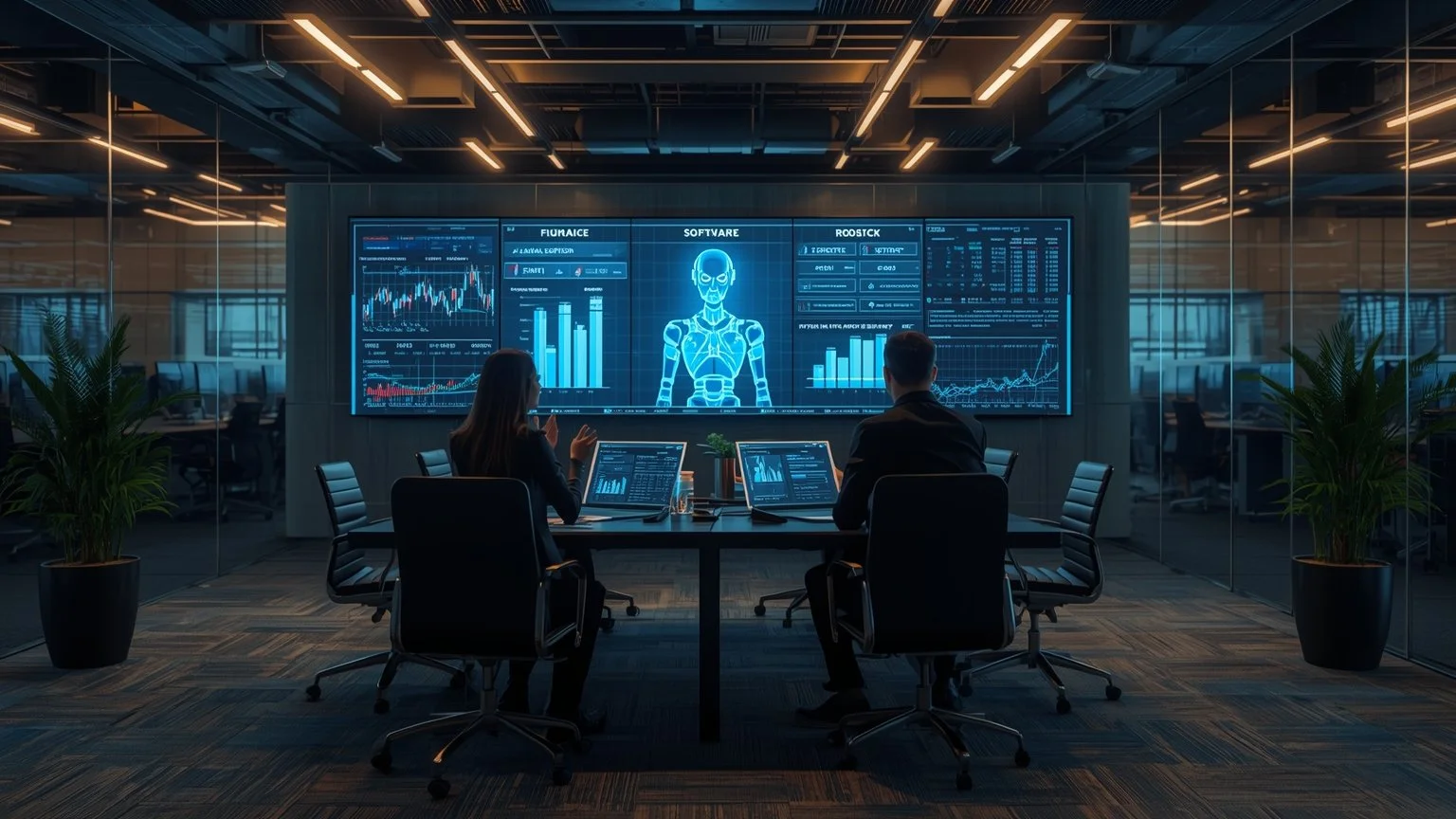 Interior de una oficina financiera moderna con pantallas y hologramas que muestran robots de software automatizando conciliaciones y acelerando transacciones mientras analistas humanos conversan sobre estrategias y celebran la reduccion de errores ma