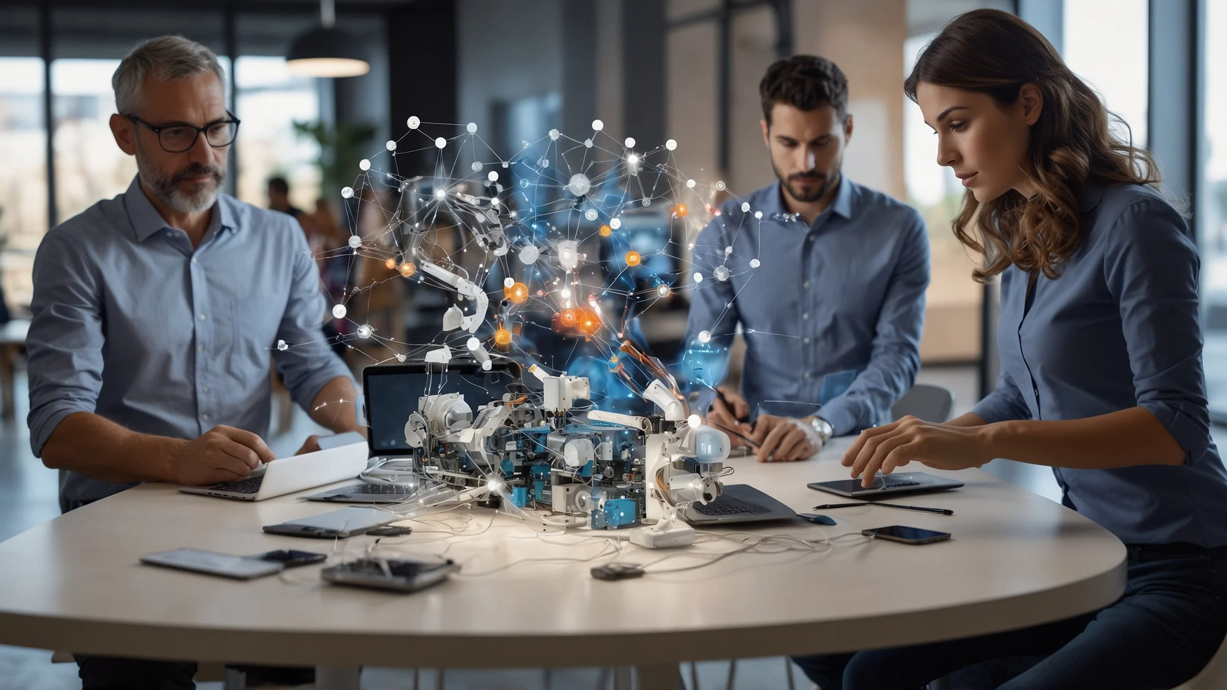 Equipo de desarrolladores y ciudadanos desarrolladores colaborando alrededor de una mesa con pantallas que muestran interfaces low-code y código, en un ambiente moderno y tecnológico que refleja innovación y trabajo en equipo, con elementos visuales