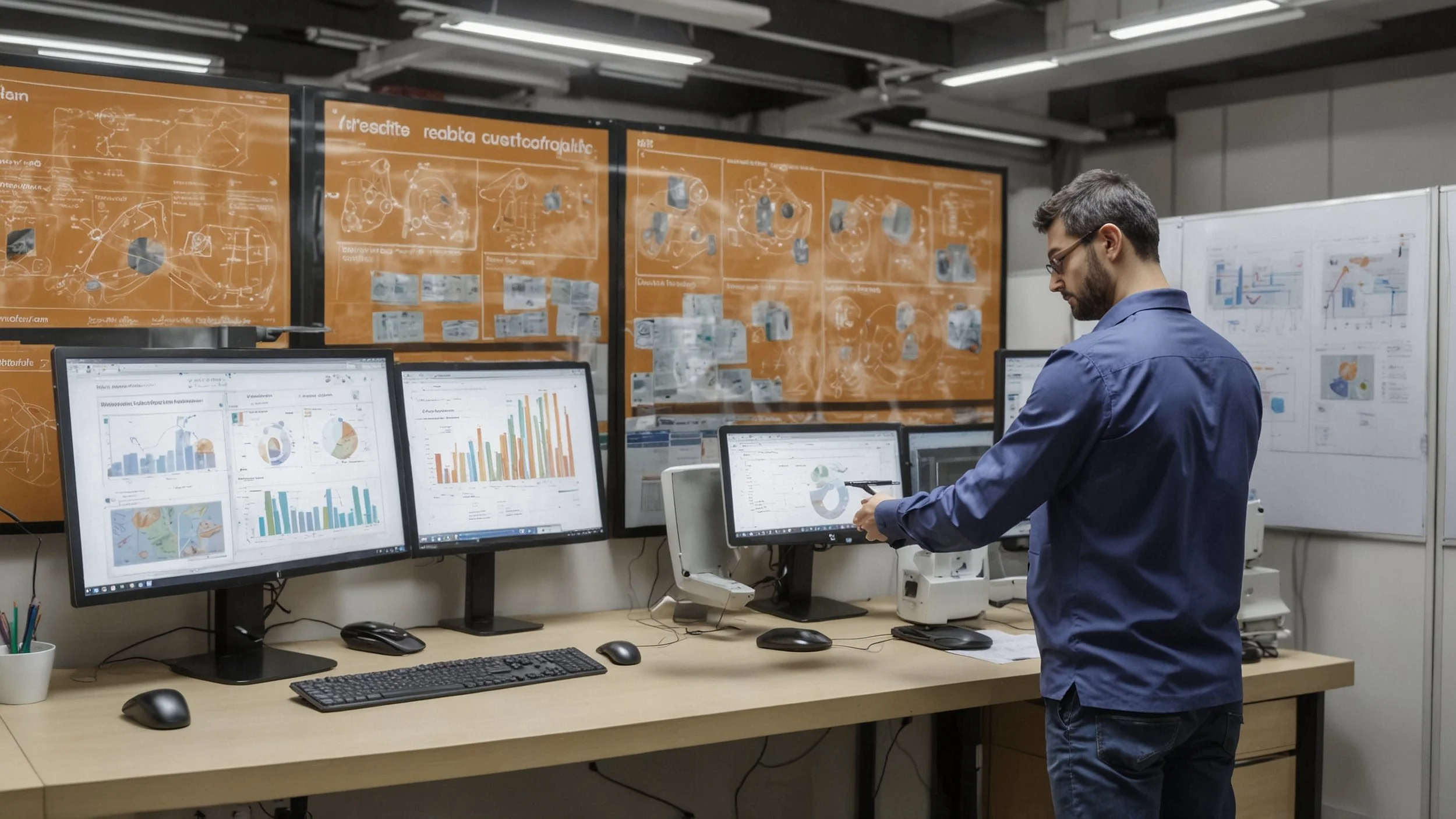 oficina moderna con pantallas digitales mostrando gráficos de datos y flujos de trabajo automatizados robot colaborando con empleados humanos en tareas diversas ambientes tecnológicos con conexiones entre sistemas y plataformas en un ecosistema intel