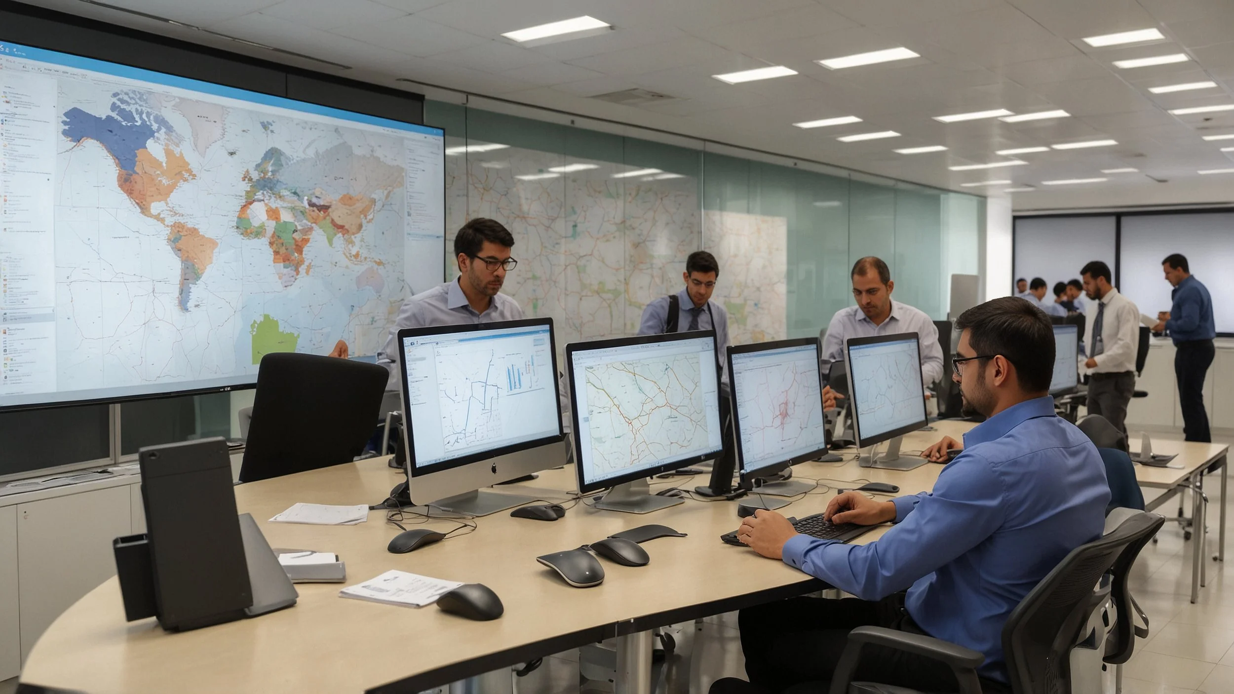 Una oficina moderna con profesionales trabajando en estaciones de control digital que muestran mapas de procesos actualizados en grandes pantallas.