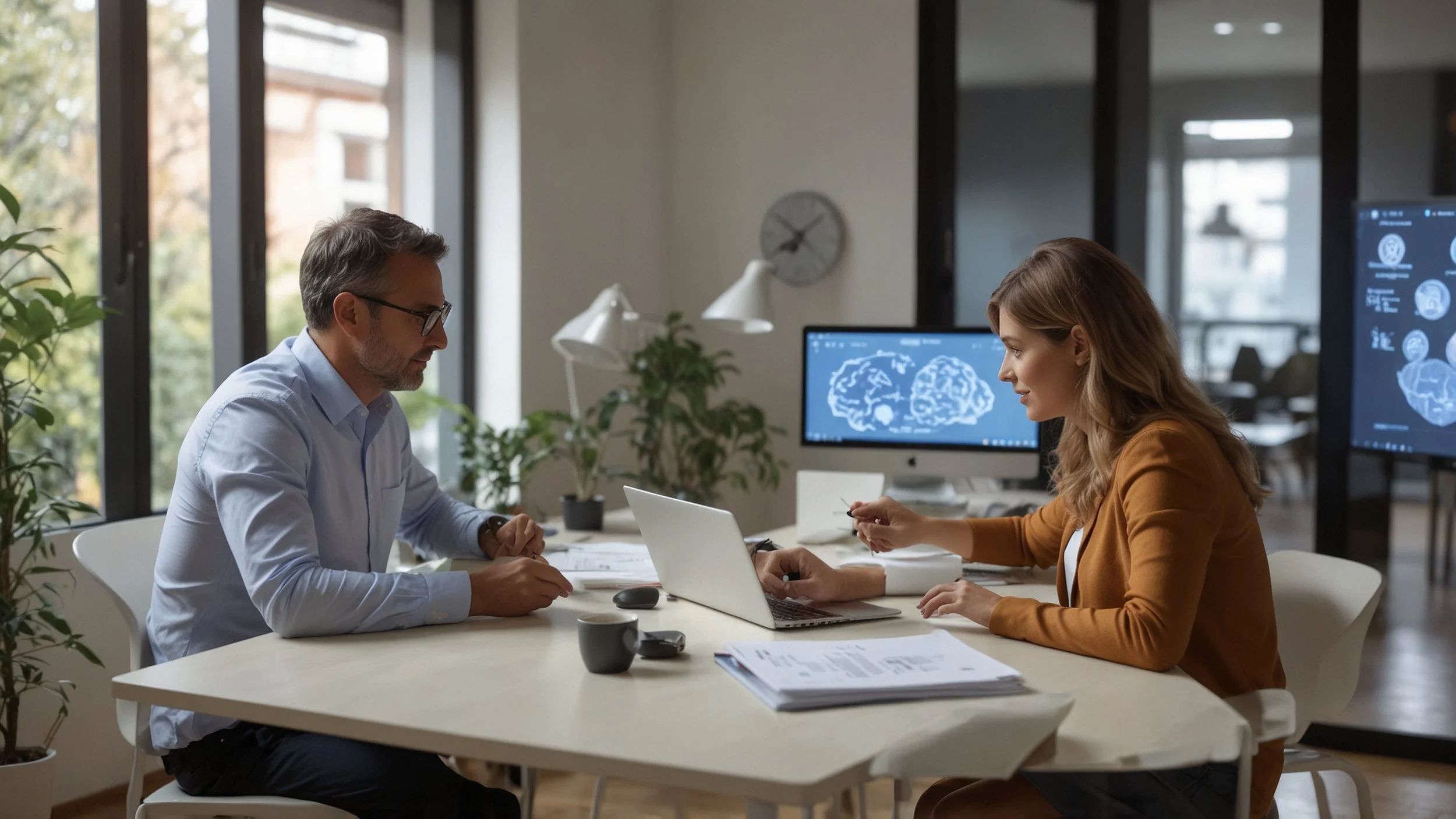 Una pareja revisando juntos una aplicación de inteligencia artificial en su hogar, con iconos de privacidad y seguridad visibles en la pantalla, mientras un grupo diverso de profesionales trabaja en segundo plano en un entorno de oficina moderno cola