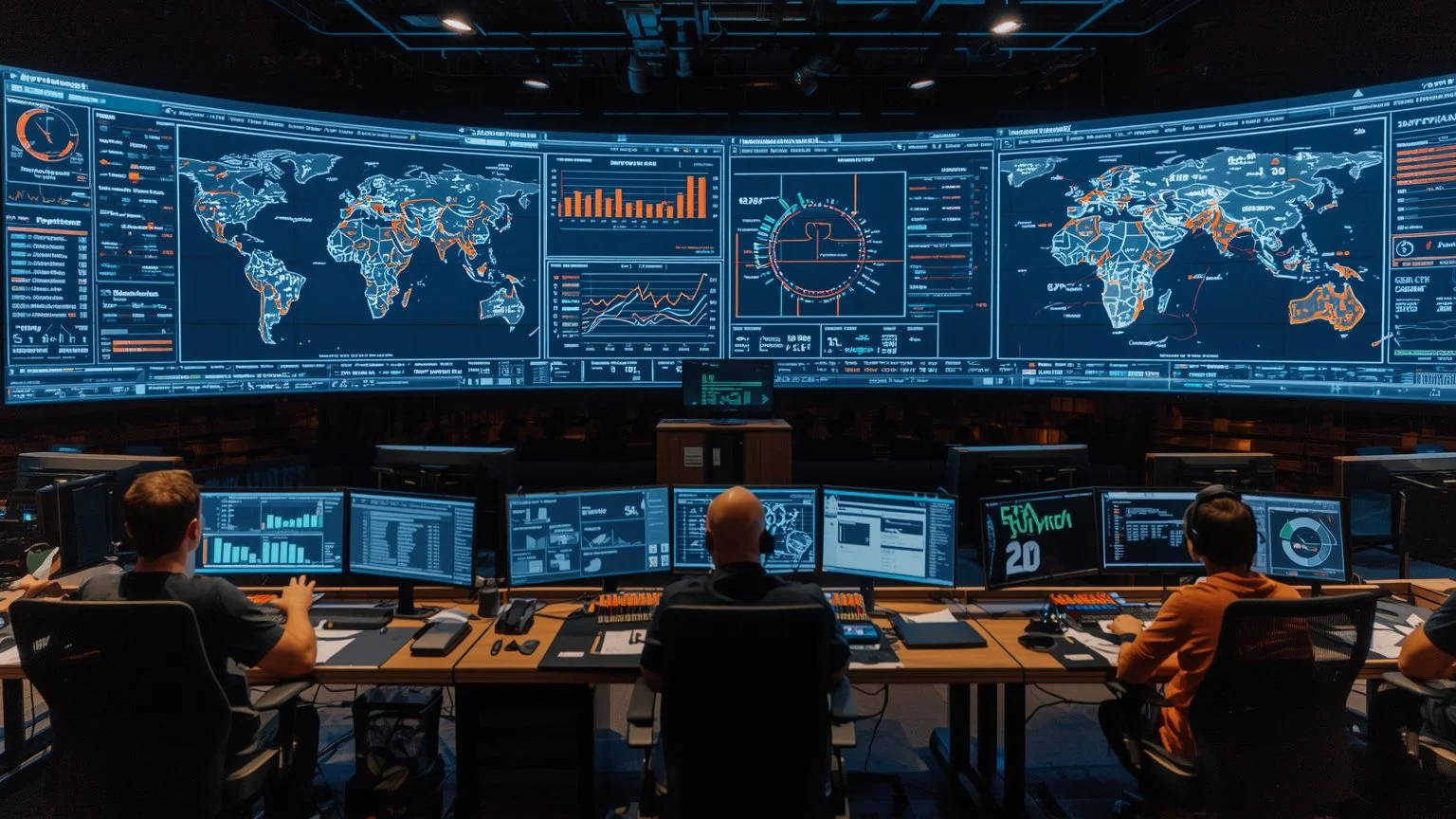 Sala de control de automatización inteligente con grandes pantallas que muestran mapas de procesos por volumen y variabilidad, secciones para RPA y AI Automation, un orquestador central coordinando bots y modelos y operadores humanos supervisando ale