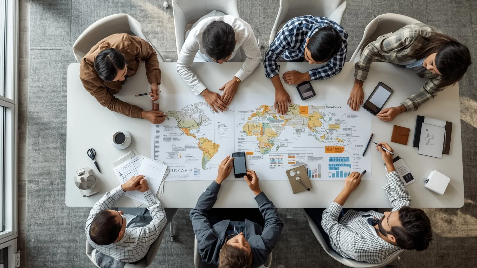 A diverse team gathered around a table with a large competency map, printed surveys, process diagrams, and expert profiles as they discuss technical barriers and cultural resistance before deploying automation.