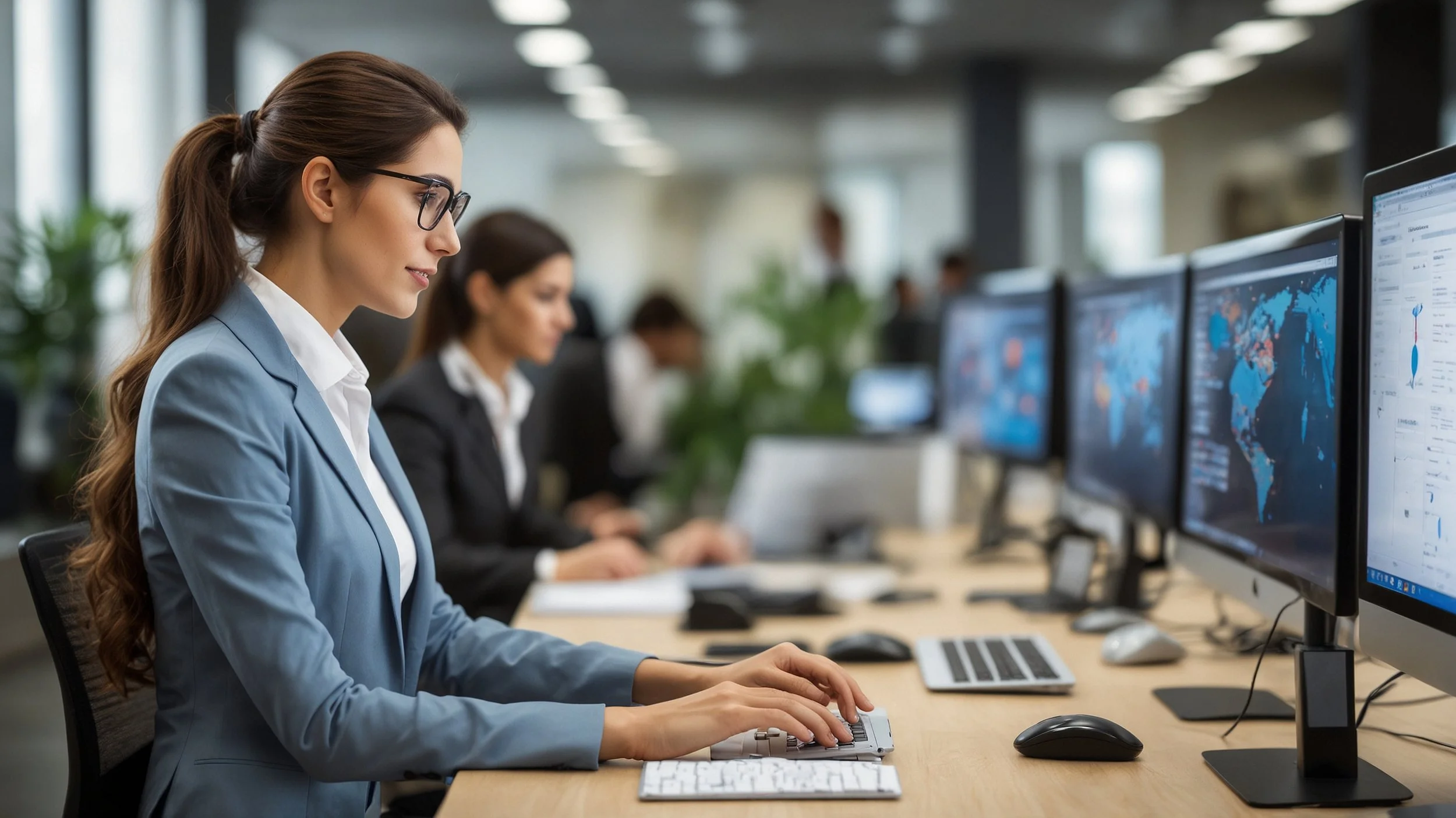 Un entorno de centro de atención al cliente moderno con varias estaciones de trabajo.