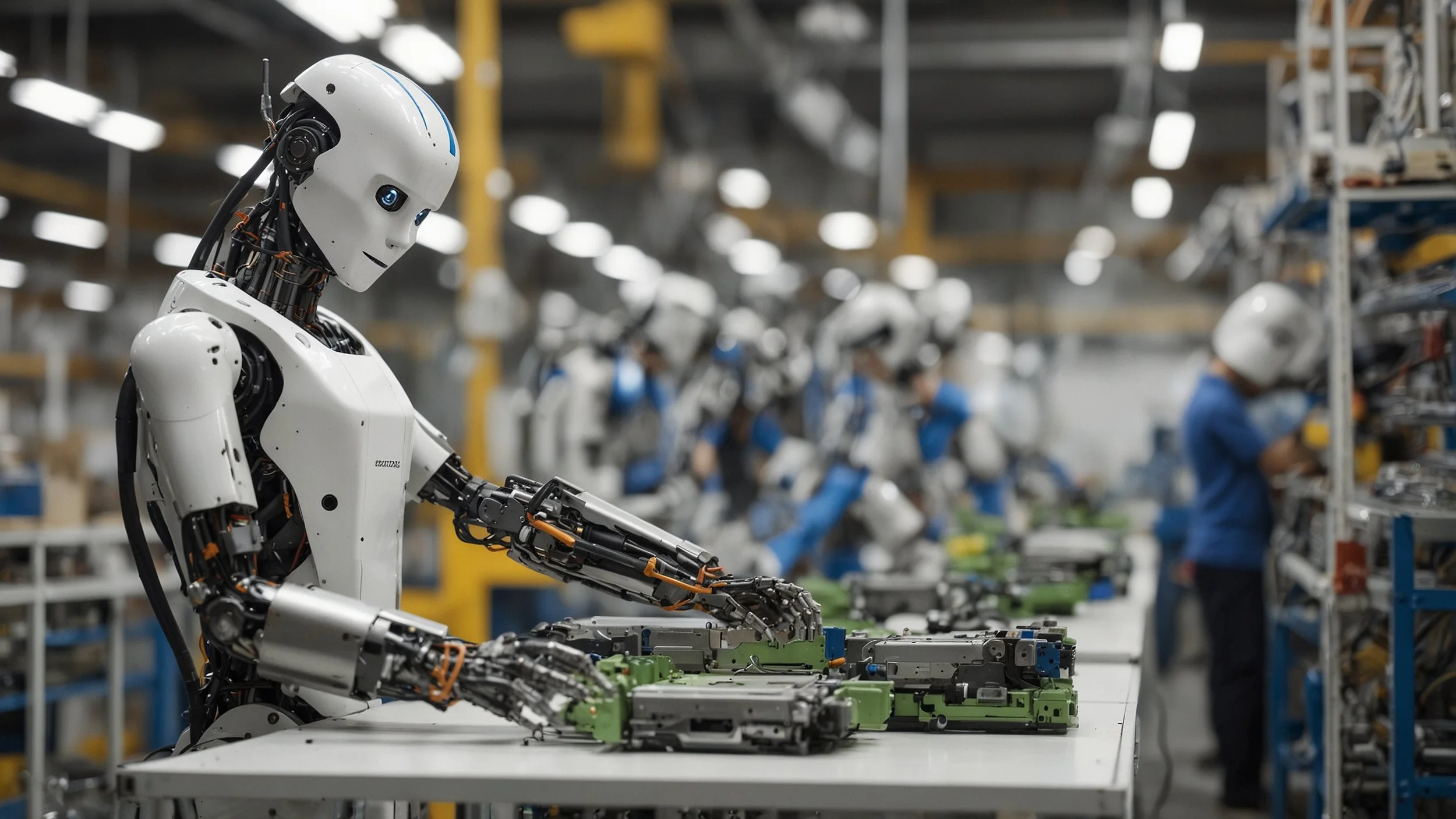 Una planta de fabricación de baterías con robots y sistemas de inteligencia artificial inspeccionando productos en una línea de producción mientras trabajadores supervisan y analizan datos en pantallas digitales en un ambiente moderno y automatizado.