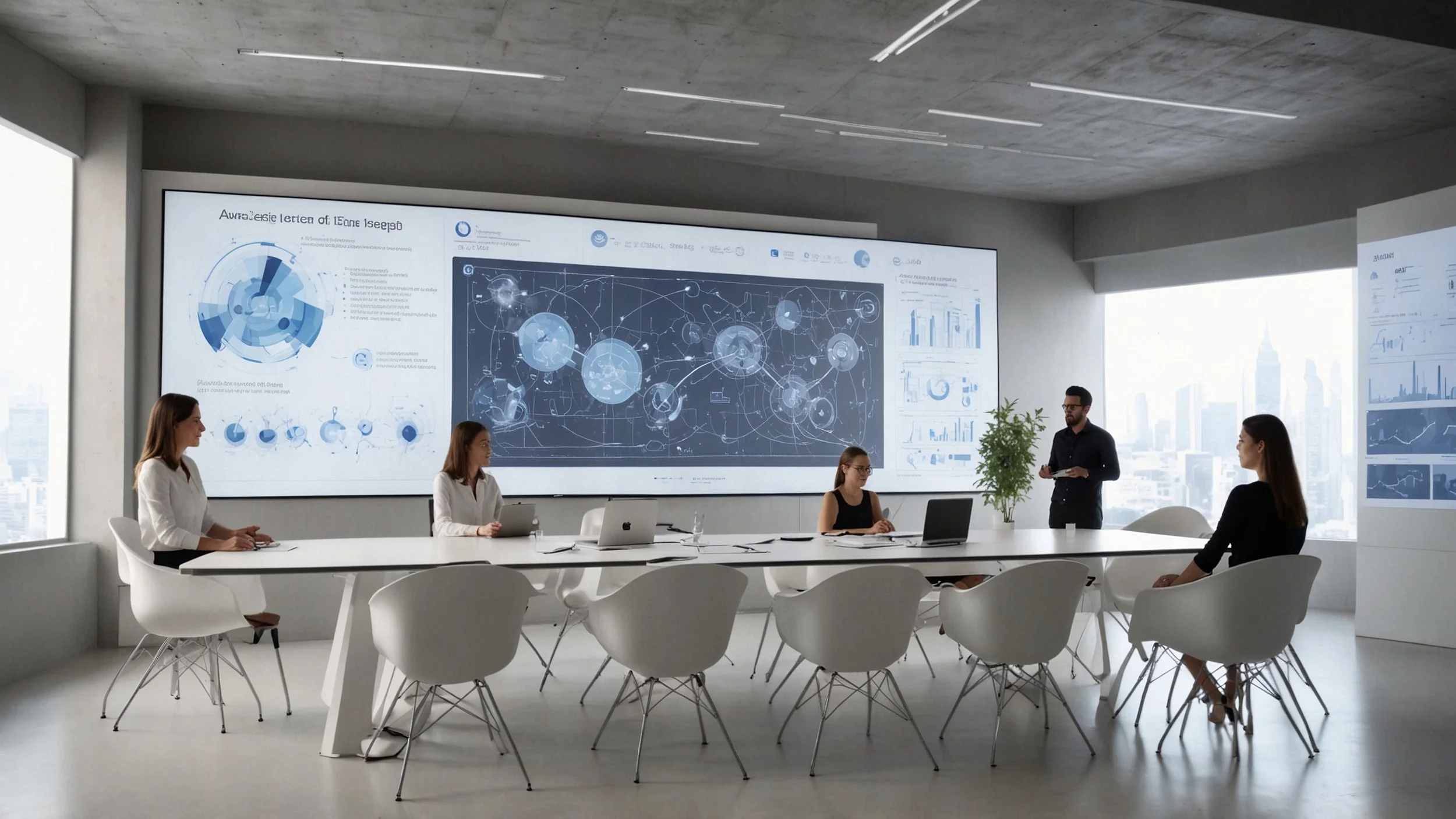 a modern meeting room with screens displaying speech and text analysis graphics automated workflows people working with advanced technology and diagrams that connect interactions with concrete actions futuristic environment and p