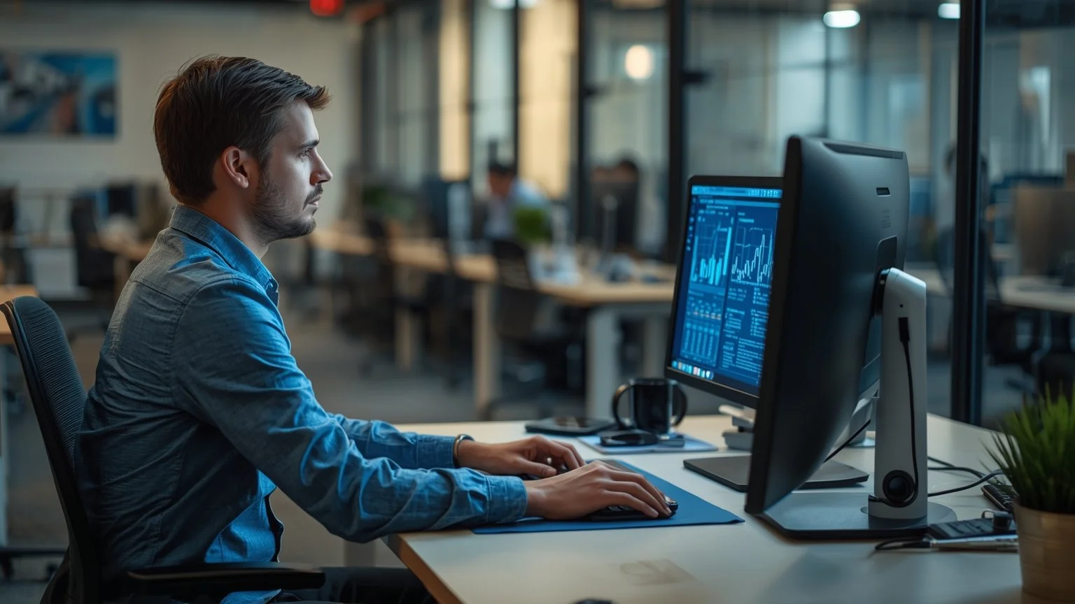 Trabajador en un escritorio frente a un ordenador con una interfaz de robot asistente que realiza tareas repetitivas en segundo plano mientras la persona supervisa, valida datos y atiende al cliente.