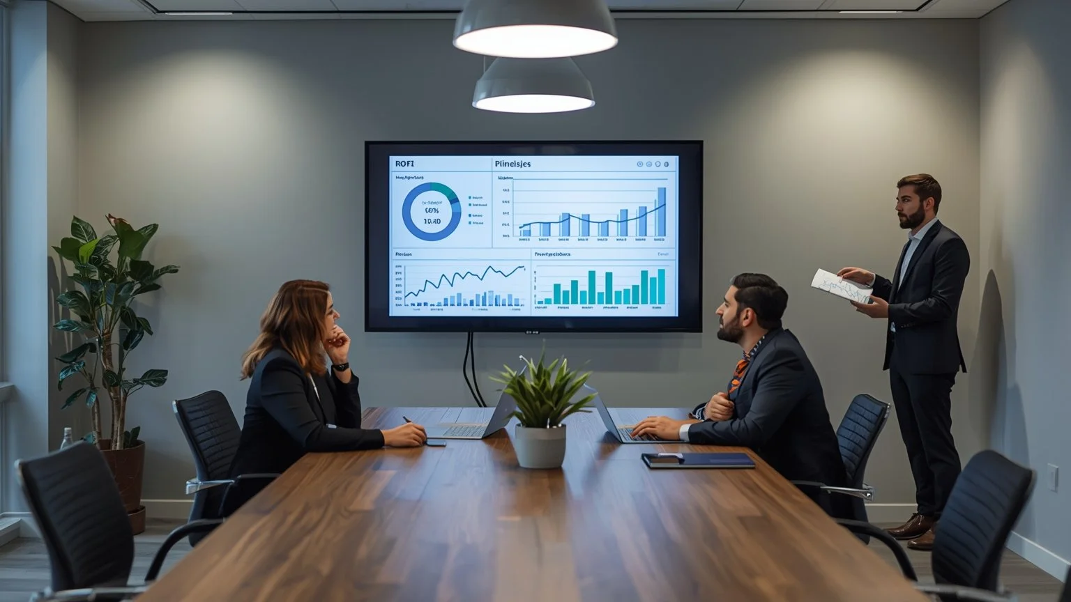 Equipo en una sala de reuniones moderna analizando gráficos de ROI y KPI en pantallas, con hojas de costes de licencias, integración y formación sobre la mesa y un formador explicando pasos para reducir tiempos y errores.