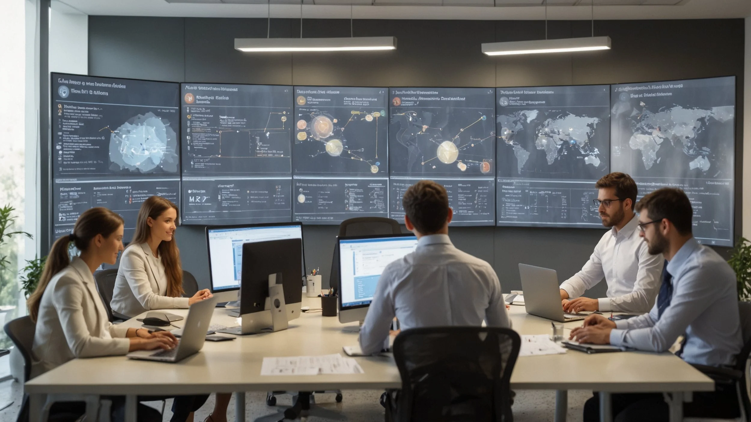 A modern human resources office with computers displaying automation software.