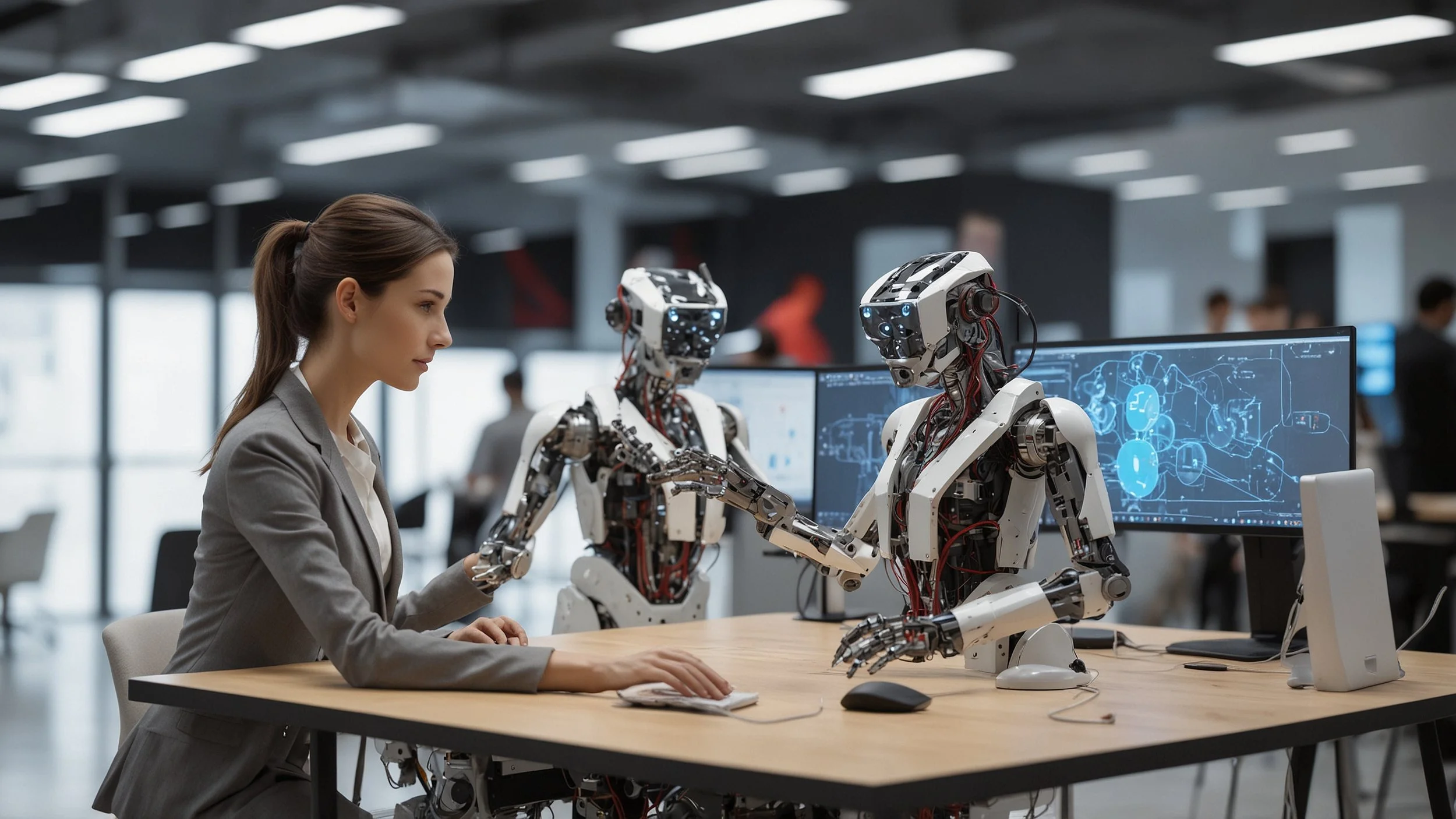 Una sala de control moderno con pantallas mostrando gráficos de analítica predictiva, robots colaborando con humanos y dispositivos inteligentes conectados en red creando un ambiente de oficina futurista donde se integran tecnología de machine learni