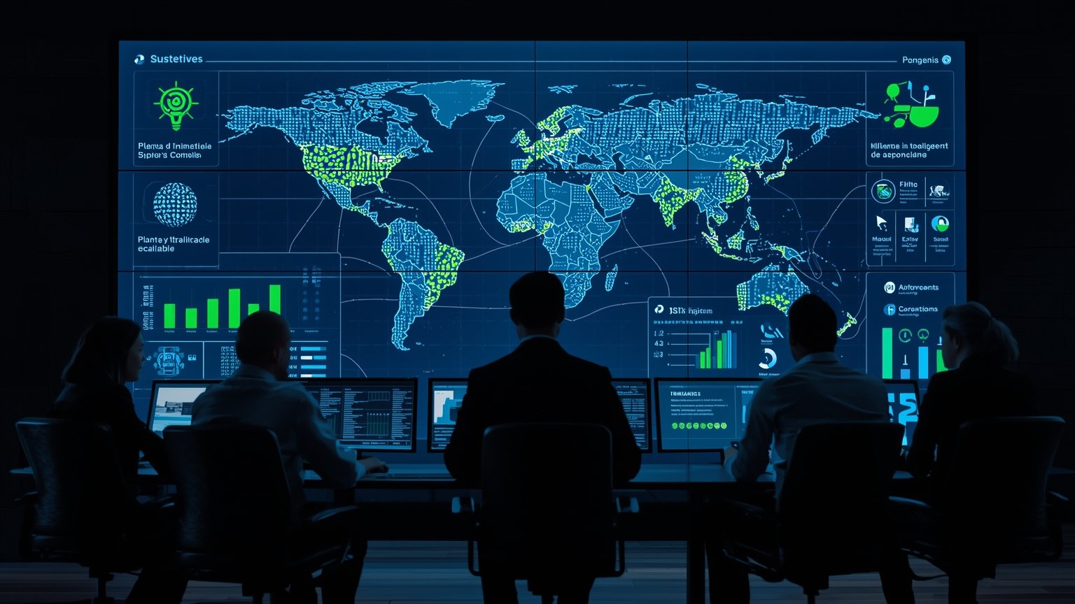 Equipo de ejecutivos y técnicos en una sala de control moderna frente a una gran pantalla que muestra un mapa de plantas interconectadas, una hoja de ruta escalable, iconos de inteligencia artificial, gráficos de costes transparentes y señales de col