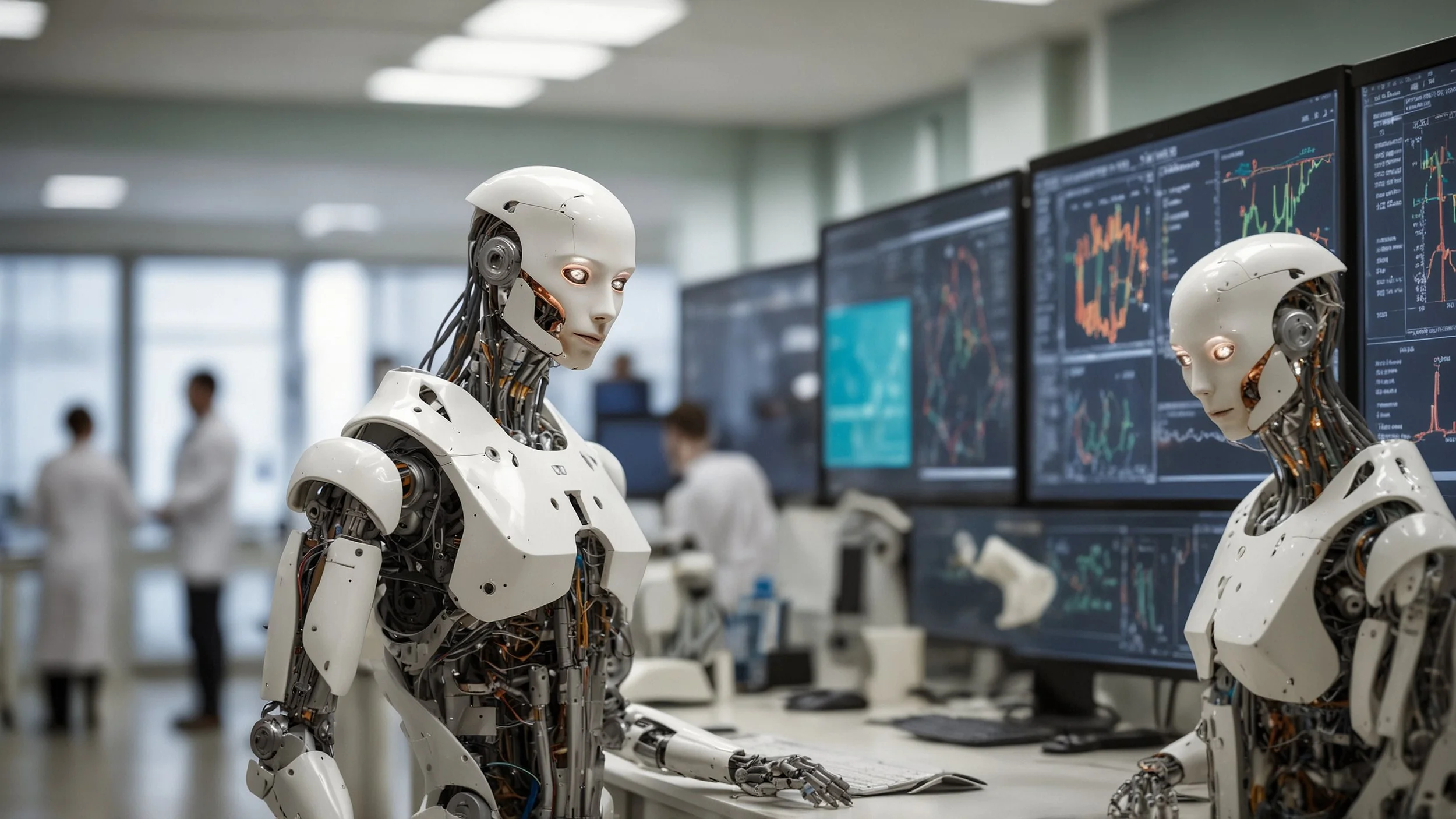 A modern hospital office with healthcare professionals and technology technicians working together in front of several screens displaying graphs and data, while a software robot (RPA) interacts with the digital systems to improve patient care.