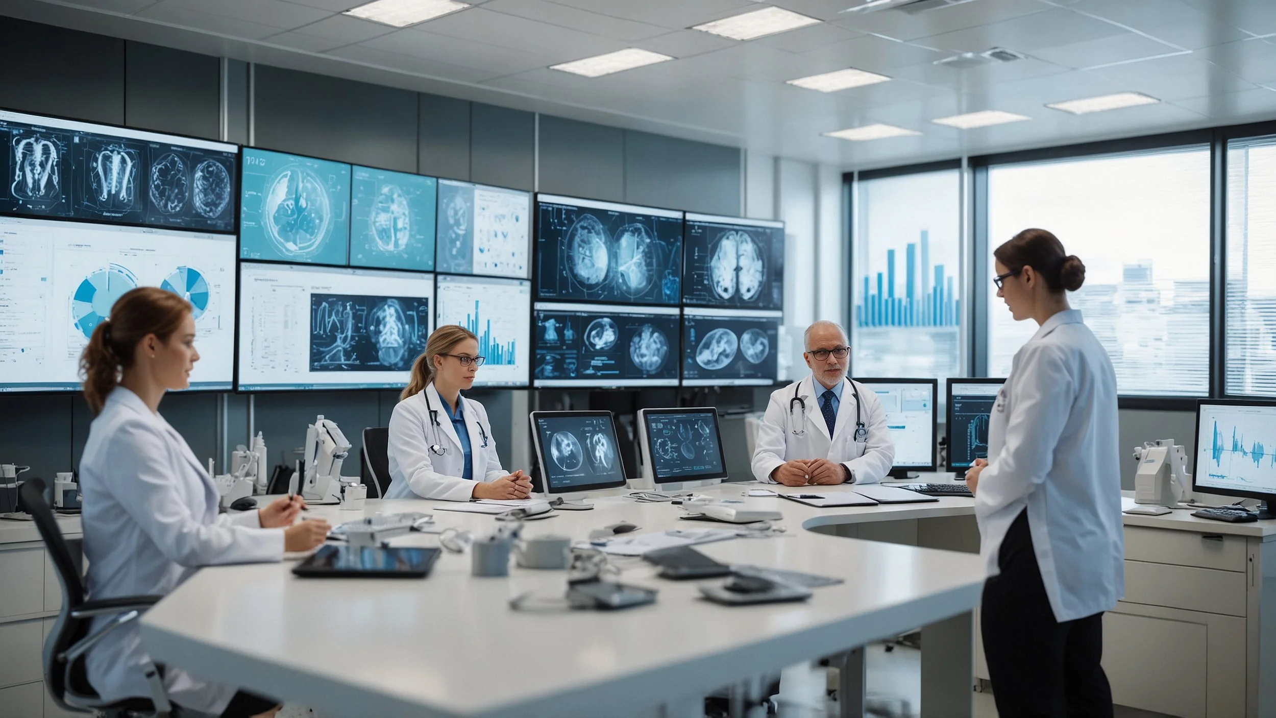 hospital control room with healthcare leaders discussing robotic process automation screens showing data analytics and patient safety metrics modern medical equipment digital interfaces bright and organized environment.
