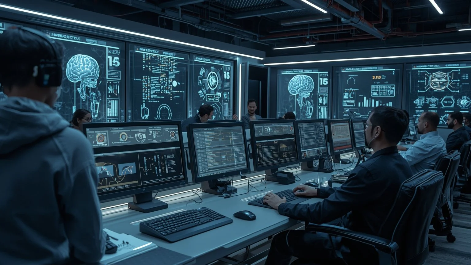 Sala de control futurista donde operadores humanos supervisan una mezcla de robots físicos, agentes cognitivos holográficos y sistemas legacy integrados mediante interfaces adaptativas que equilibran control y autonomía.