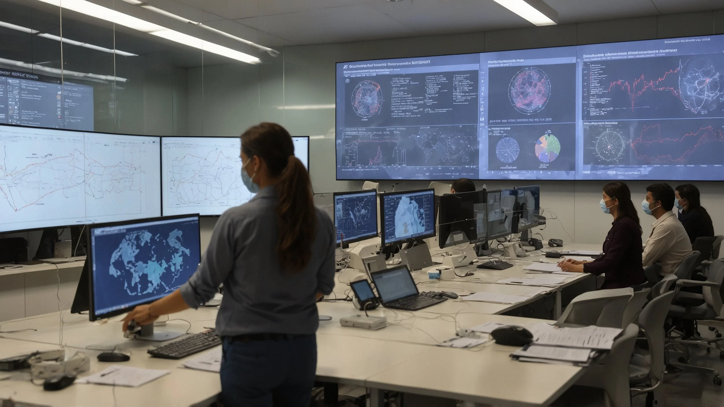 Una sala de control moderno con pantallas múltiples mostrando datos en tiempo real y gráficos de monitoreo, donde analistas supervisan actividades para identificar irregularidades, destacando un enfoque en la transparencia y la integridad en los proc