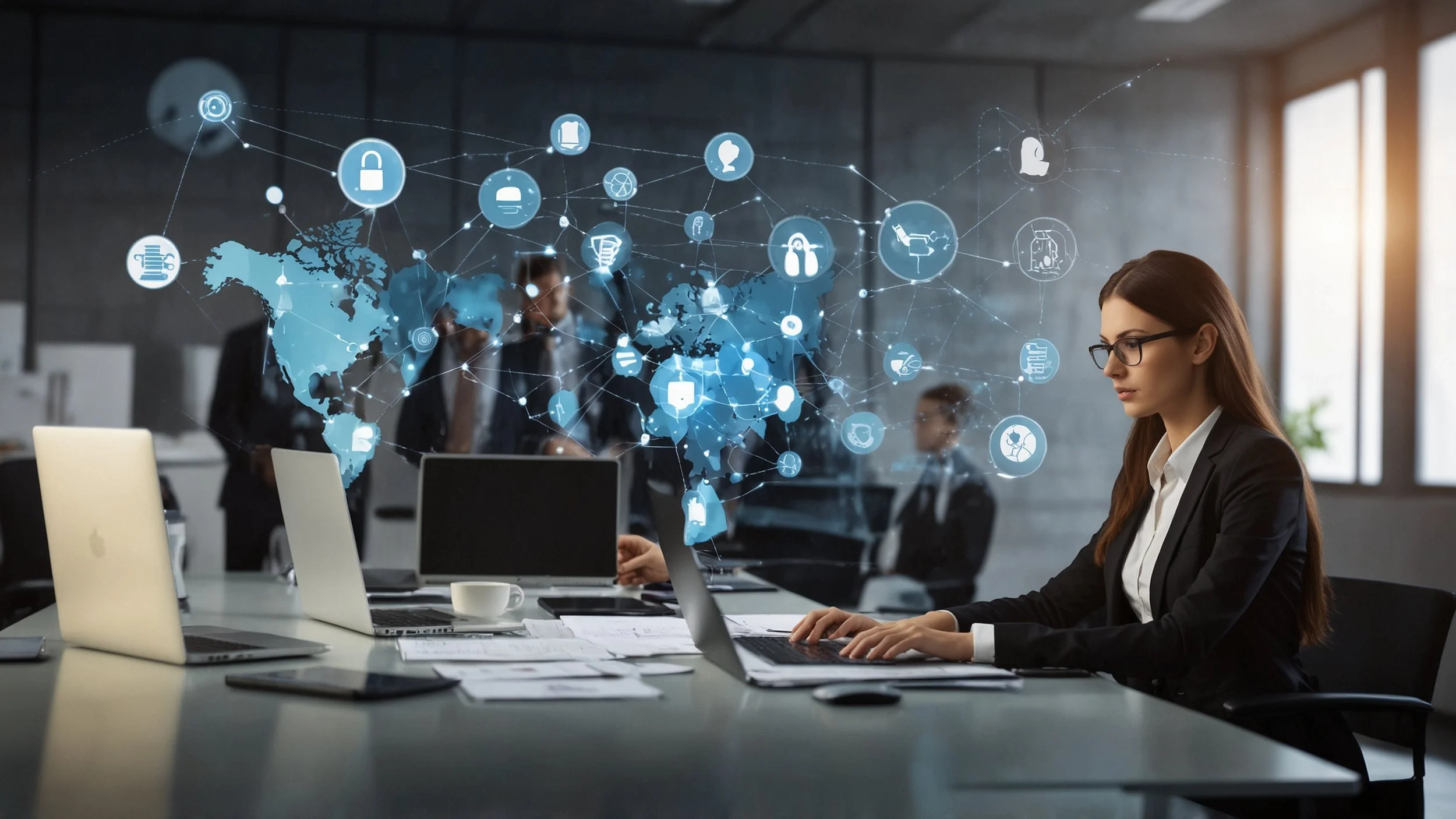 Un equipo diverso de empleados colaborando en una oficina moderna, algunos usando laptops y tablets para desarrollar aplicaciones, mientras un gerente de TI supervisa cuidadosamente una pantalla con gráficos de seguridad y cumplimiento, simbolizando