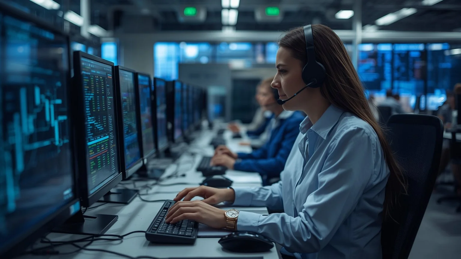 Un centro de soporte moderno donde un sistema automatizado trabaja sin descanso gestionando tickets y actualizando datos con precision mientras agentes humanos liberados de tareas repetitivas atienden casos complejos con un enfoque mas humano.