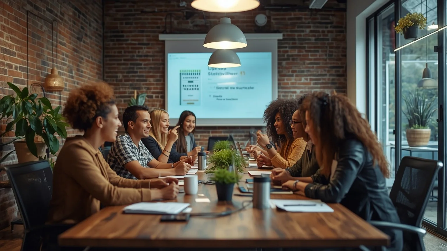 Un equipo diverso y empoderado celebra en una oficina colaborativa mientras crea aplicaciones personalizadas con herramientas de bajo código que democratizan el desarrollo y facilitan la acción interna.