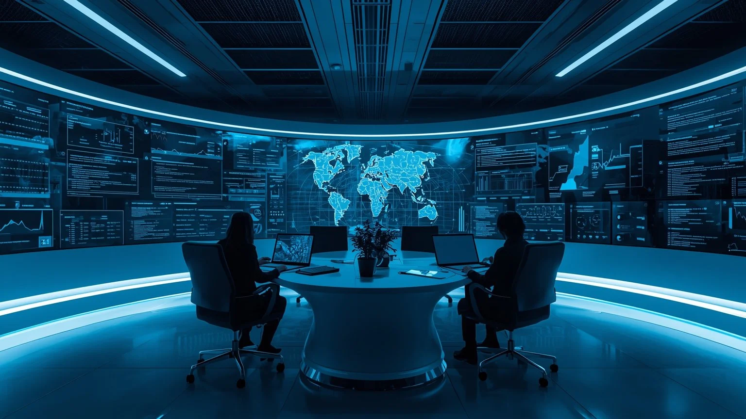 Centro de operaciones empresarial futurista con pantallas holográficas que muestran IA generativa flujos RPA y plataformas low code integrando finanzas ventas y operaciones para tomar decisiones en tiempo real gestionar una cadena de suministro resil