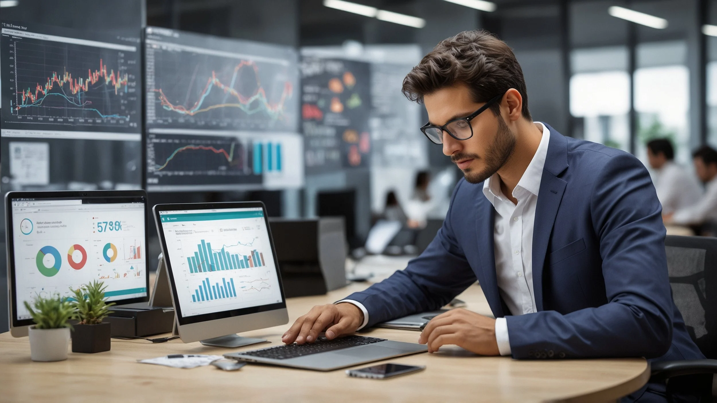 Oficina moderna con pantallas digitales mostrando gráficos y datos en tiempo real mientras un equipo diverso de profesionales trabaja conjuntamente, utilizando tabletas y plataformas sin código para crear soluciones automatizadas en un ambiente colab