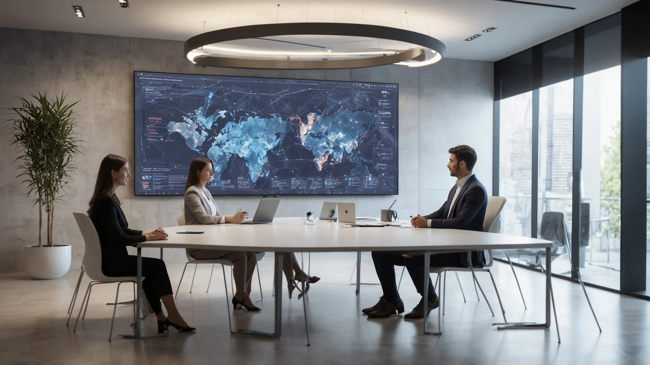Una sala de juntas moderna con gerentes discutiendo mientras una pantalla grande muestra gráficos y datos generados por inteligencia artificial reflejando análisis complejos y conclusiones precisas para la toma de decisiones empresariales.