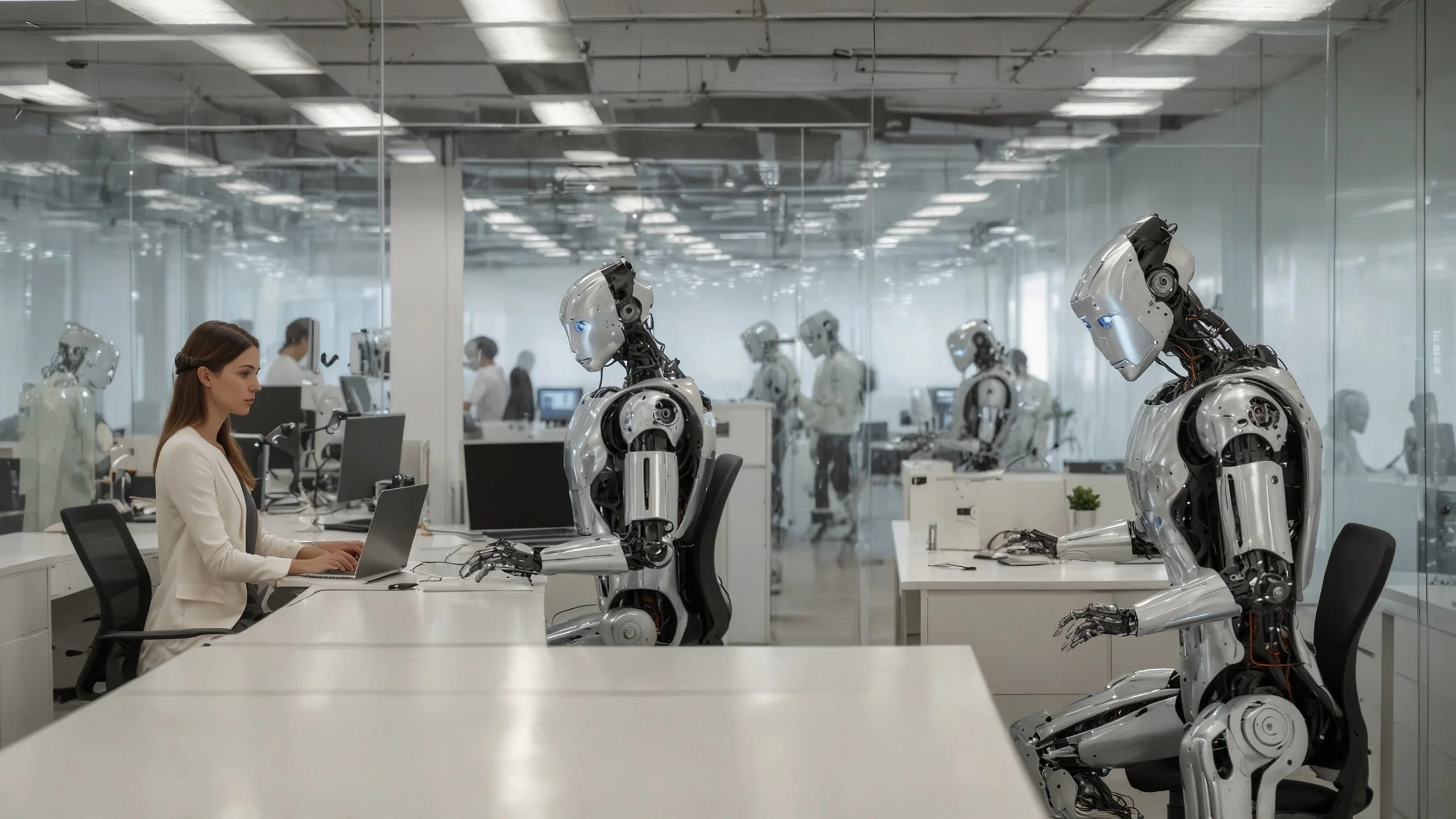 Una oficina moderna donde empleados y robots colaboran respetando normas claras, con símbolos de privacidad y transparencia visibles en pantallas, reflejando un ambiente ético y confiable en la automatización.