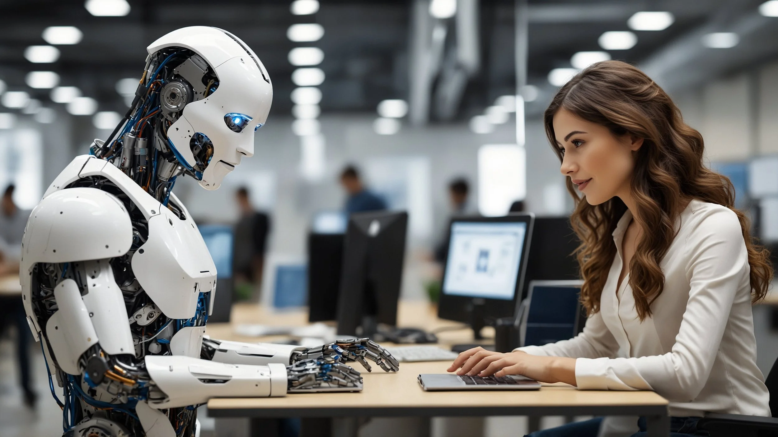 a modern office with a marketing team using computers and screens displaying graphs and advanced analytics data while a collaborative robot performs repetitive tasks to represent hyper-automation in marketing campaigns.