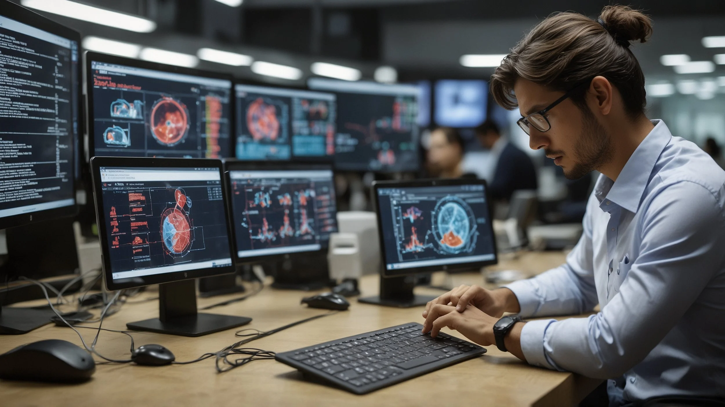 Una oficina bancaria moderna con un asistente virtual de inteligencia artificial interactuando con un cliente a través de una pantalla táctil mientras otro bot revisa transacciones en un monitor cercano.