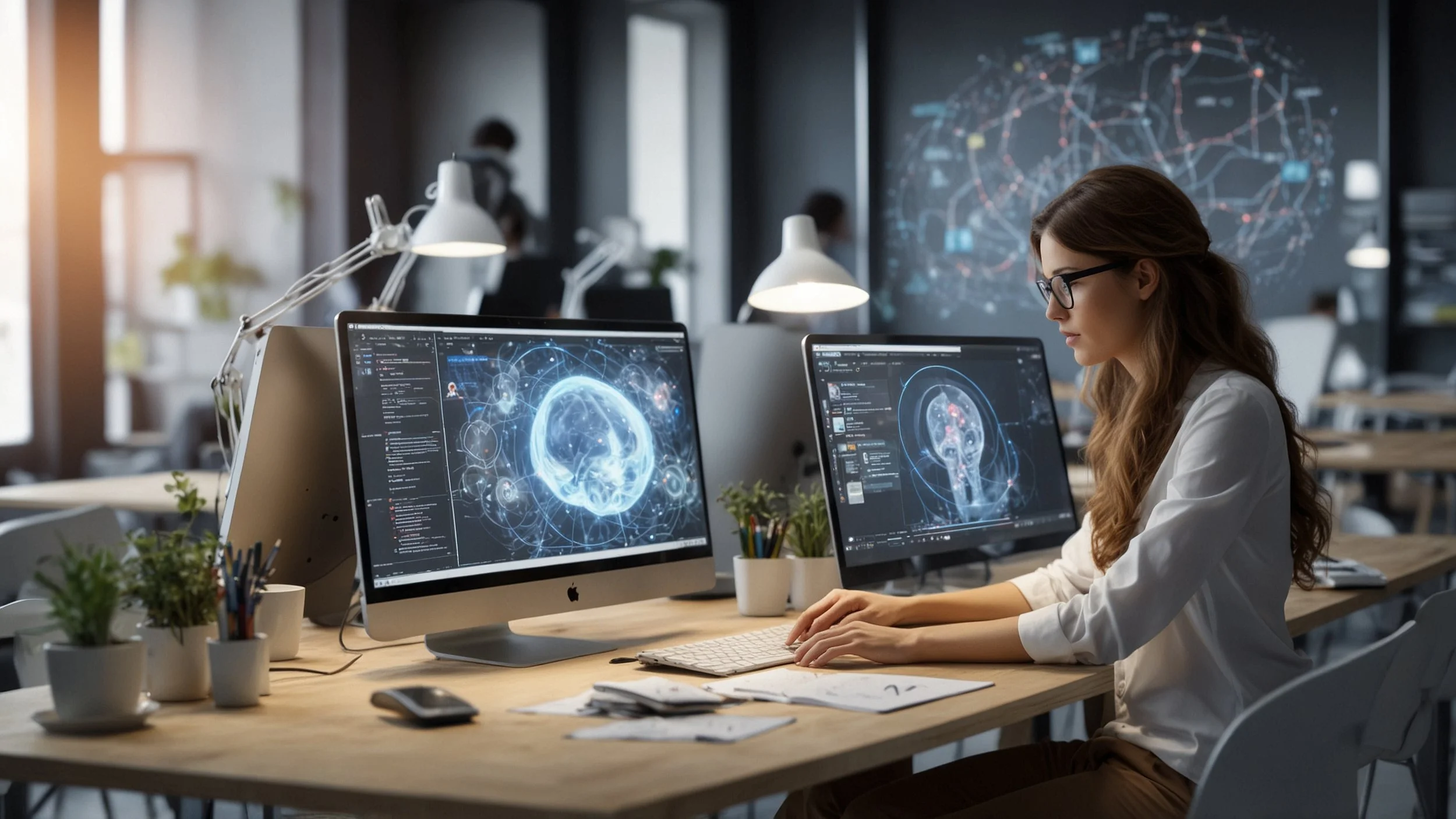Oficina moderna con empleados colaborando en un proyecto creativo.