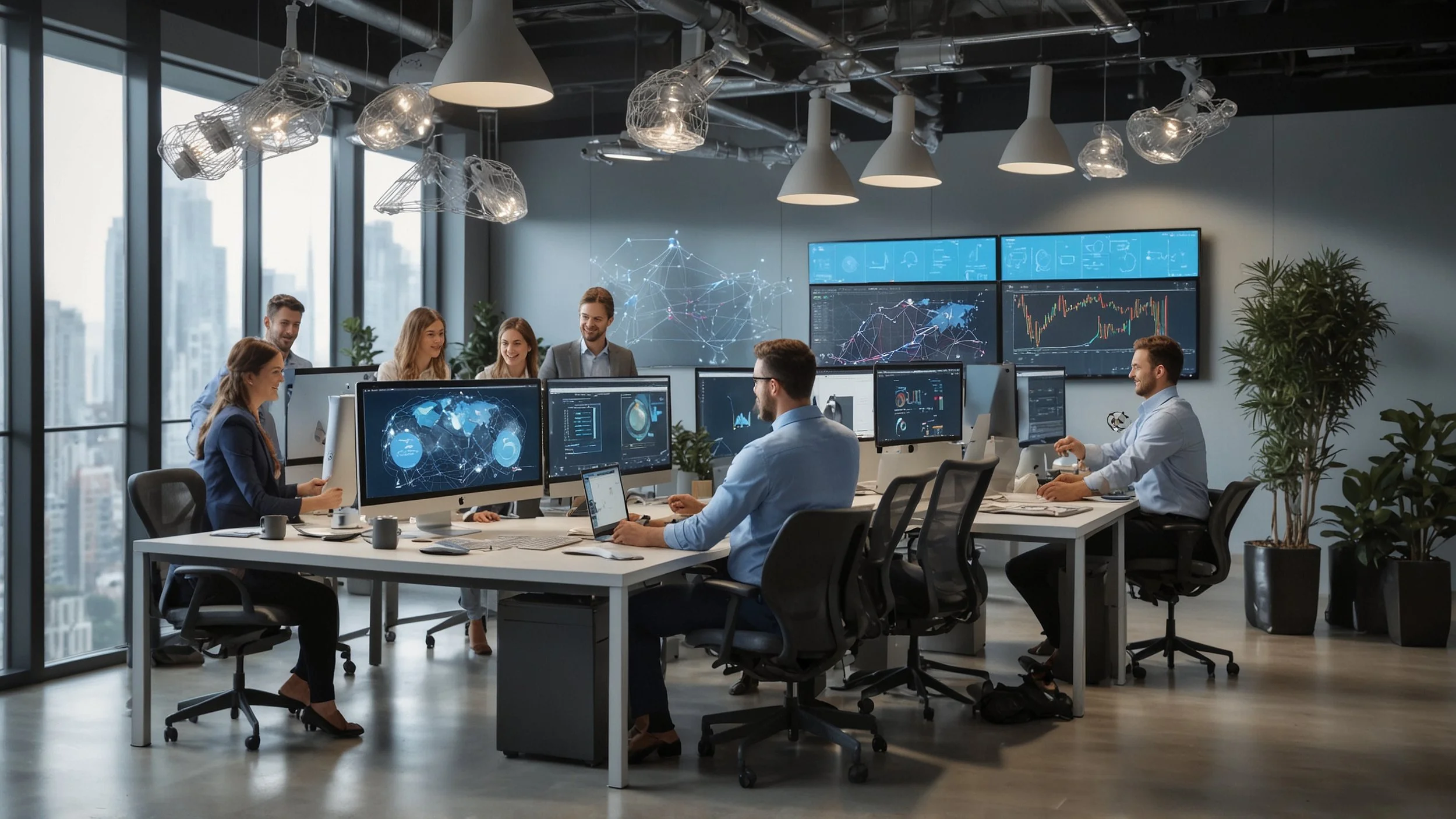 team of engineers working in a modern office with computer screens showing AI and Salesforce interfaces celebrating a successful funding round with charts showing 7.