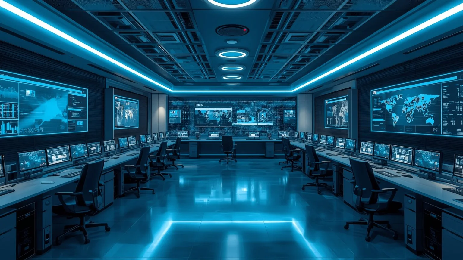 Una sala de operaciones empresarial futurista con pantallas holográficas mostrando flujos automatizados, logotipos sutiles de UiPath y sistemas de IA colaborando para predecir necesidades y automatizar tareas repetitivas reduciendo la intervención hu