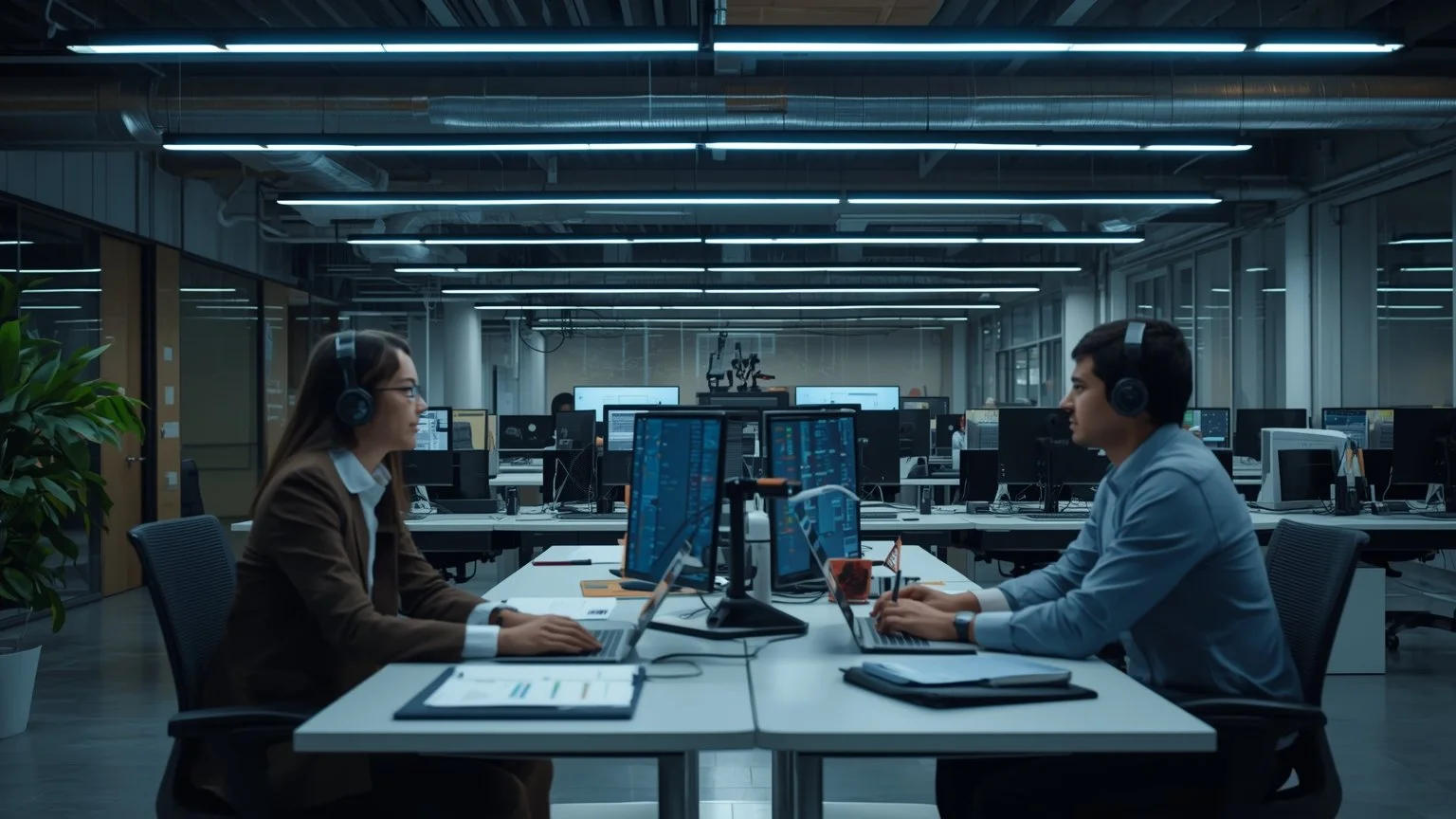 Teamwork in a modern office where screens display automated processes that replace repetitive tasks while people use the freed-up time for creative planning and strategy.